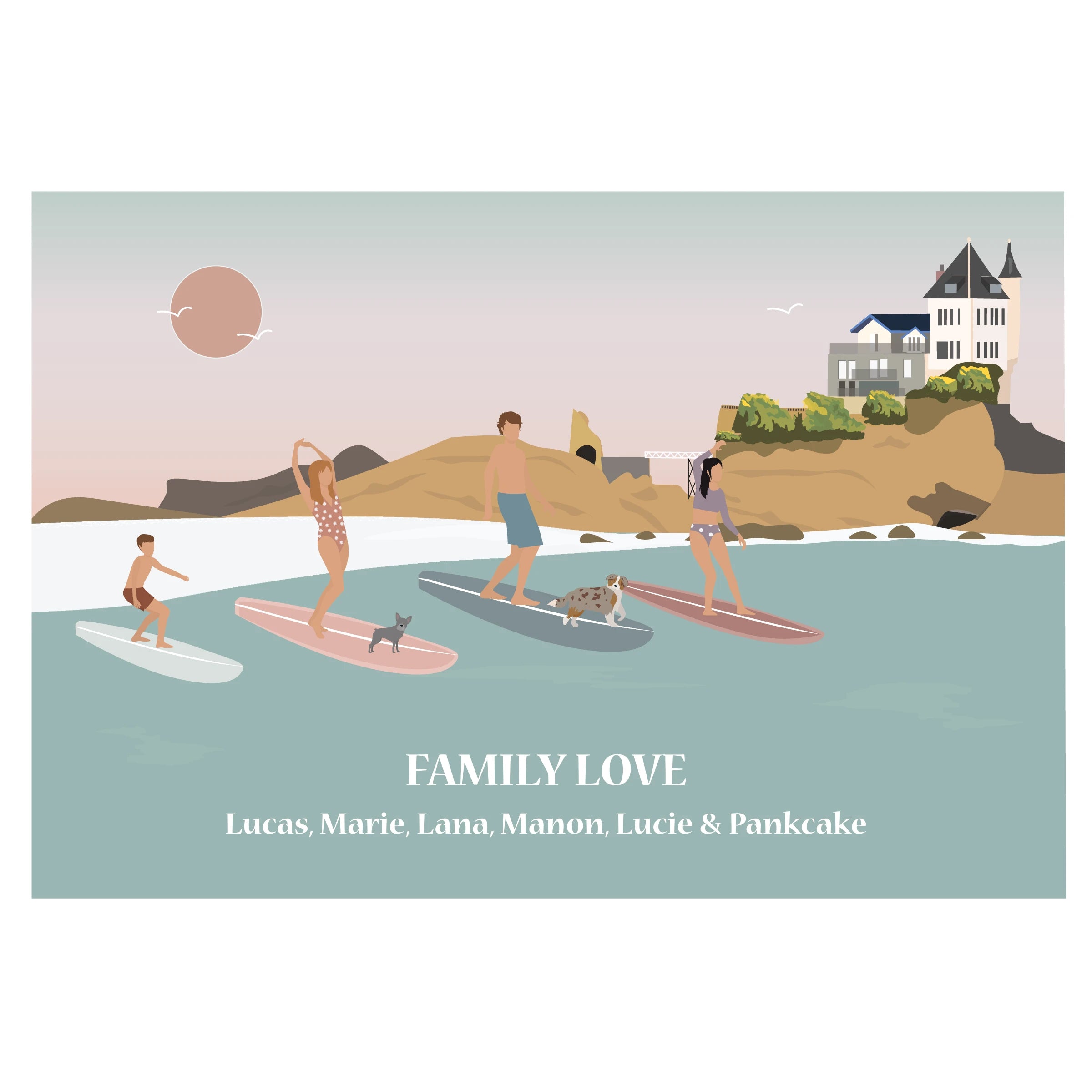 Affiche déco personnalisable d'une famille en train de surfer.