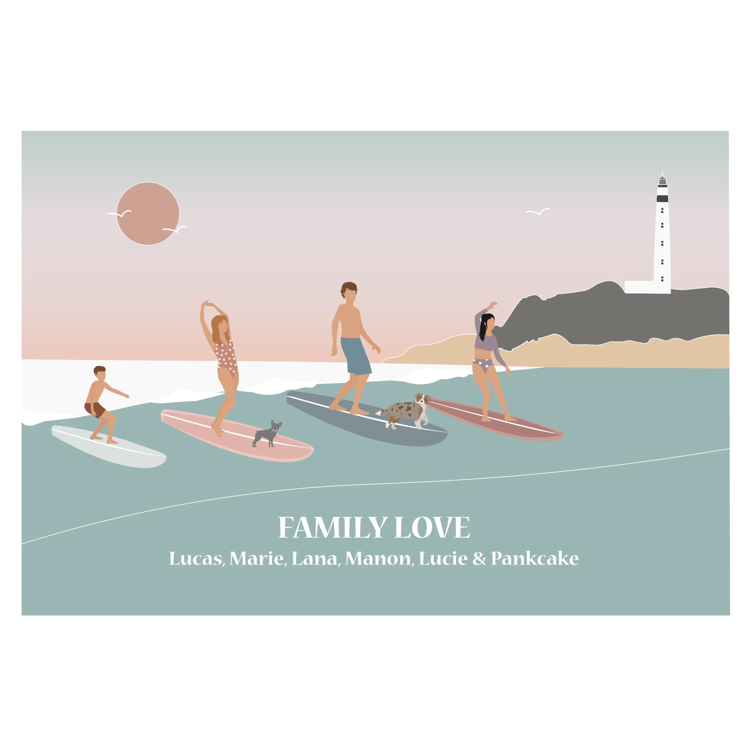 Affiche déco personnalisable d'une famille en train de surfer.