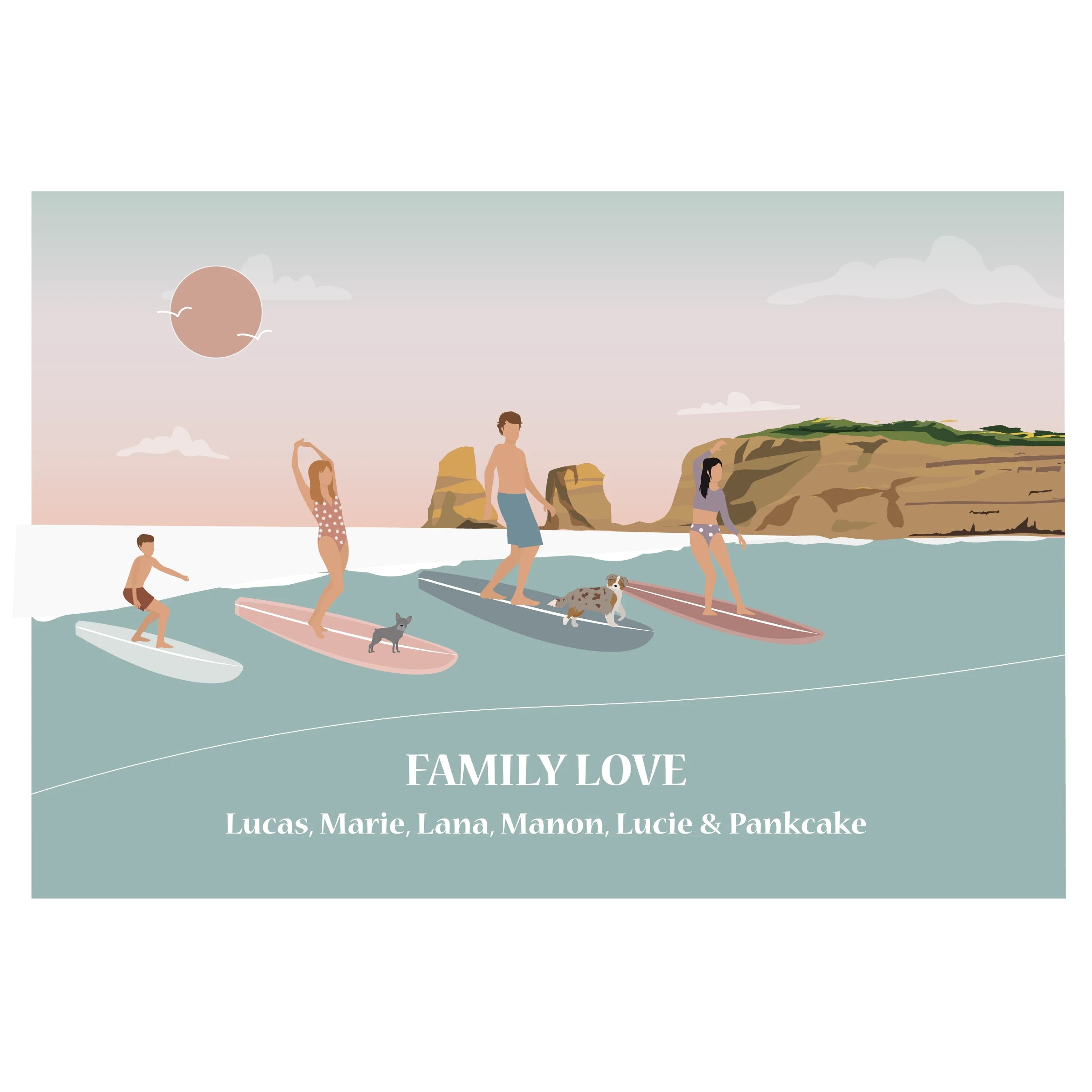 Affiche déco personnalisable d'une famille en train de surfer.