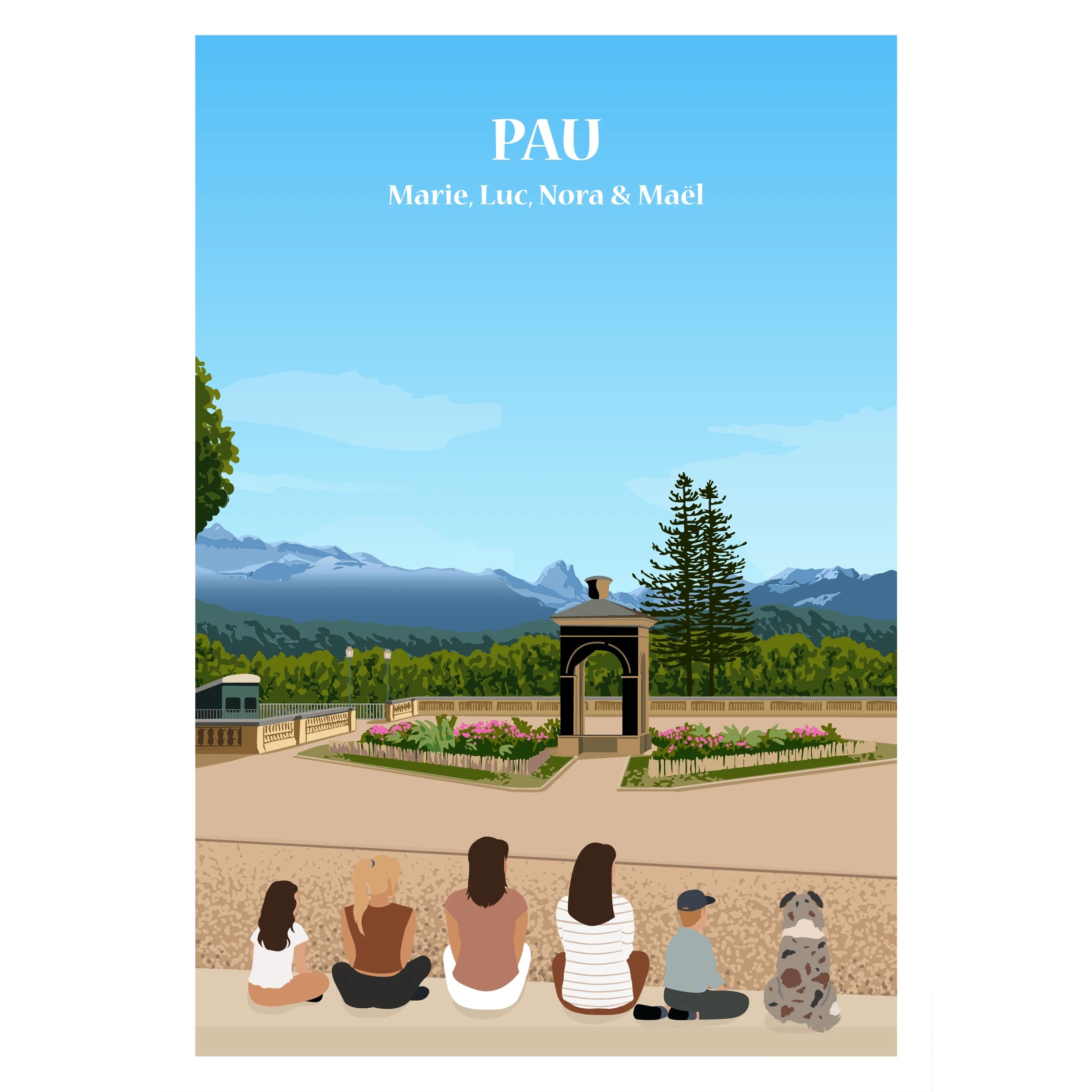 Affiche illustrée et personnalisable représentant une famille face à la ville de Pau, avec vue sur les Pyrénées et le paysage environnant.