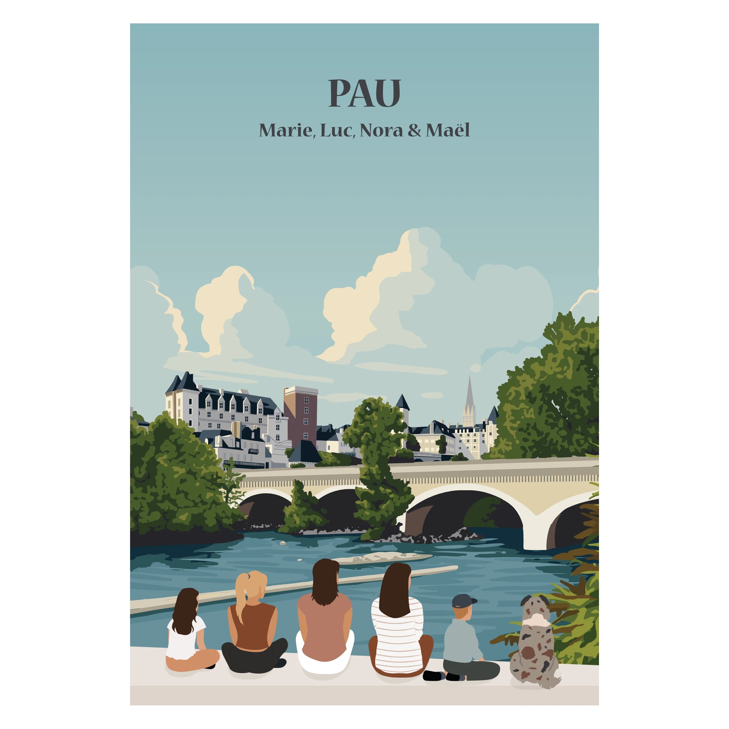 Affiche illustrée et personnalisable représentant une famille face à la ville de Pau, avec vue sur les Pyrénées et le paysage environnant.