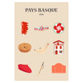 Affiche avec différents objets typiques du Pays Basque et un texte personnalisable.