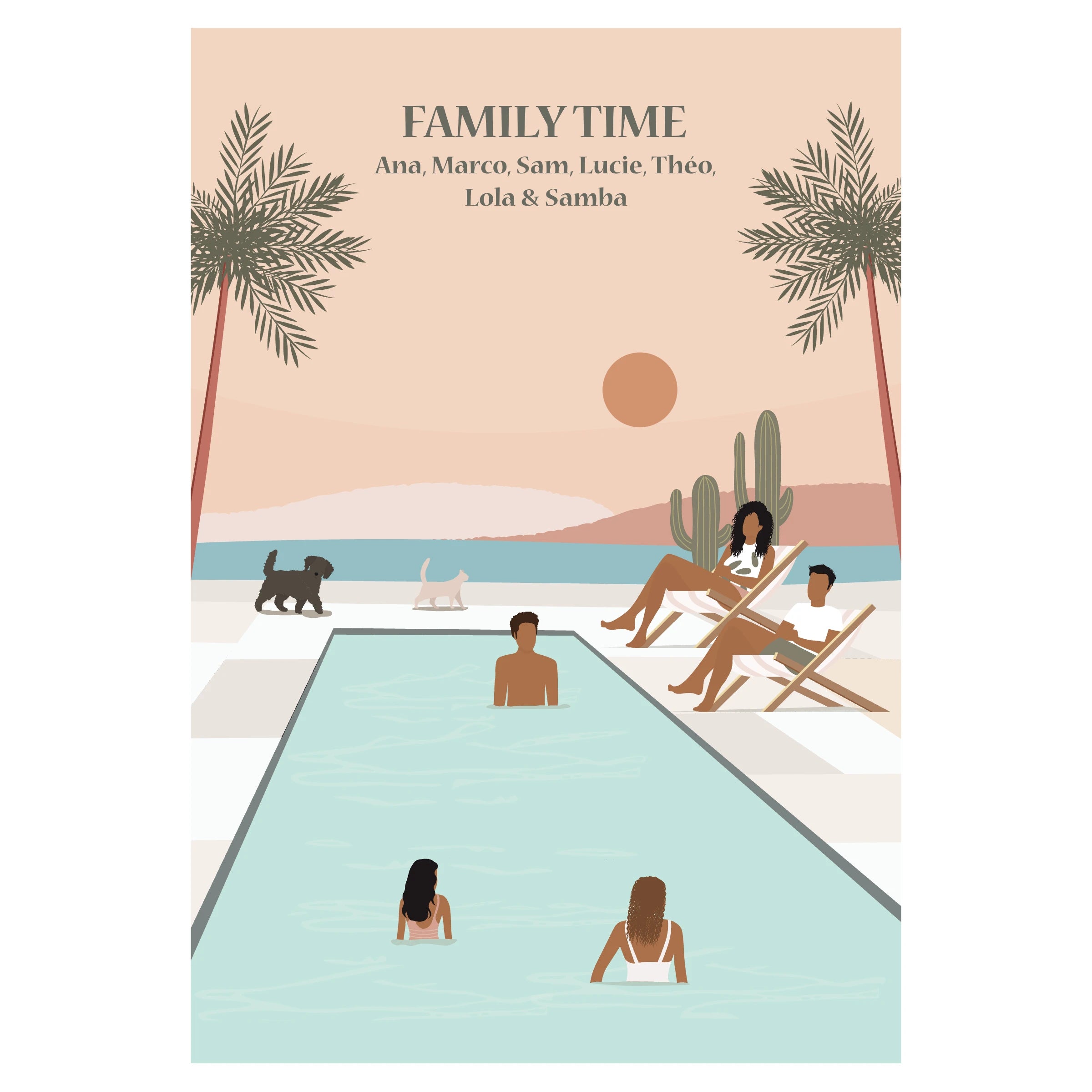 Illustration famille personnalisable au bord d’une piscine extérieure, affiche décorative sur mesure.