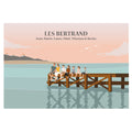 Affiche illustrée montrant une famille assise sur un ponton en bois, face à un paysage naturel de lac ou de mer.