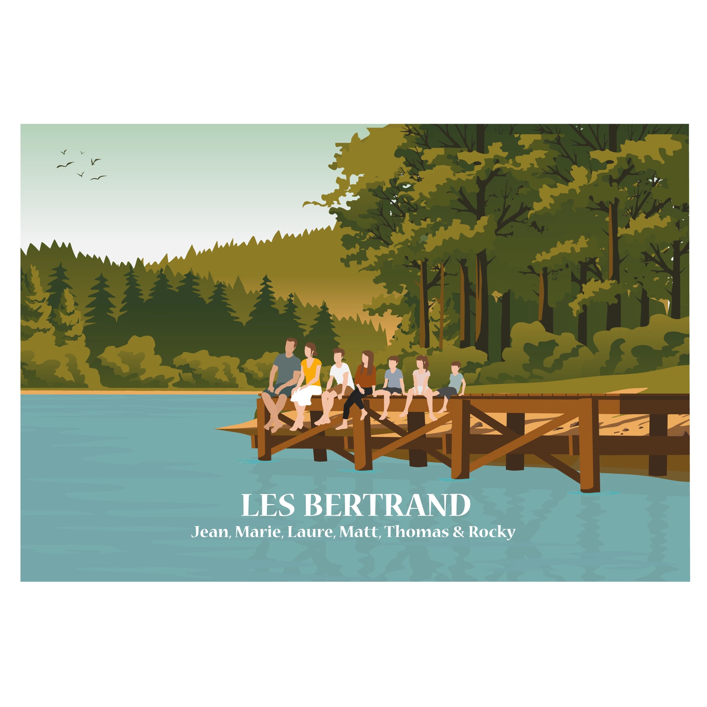 Affiche illustrée montrant une famille assise sur un ponton en bois, face à un paysage naturel de lac ou de mer.