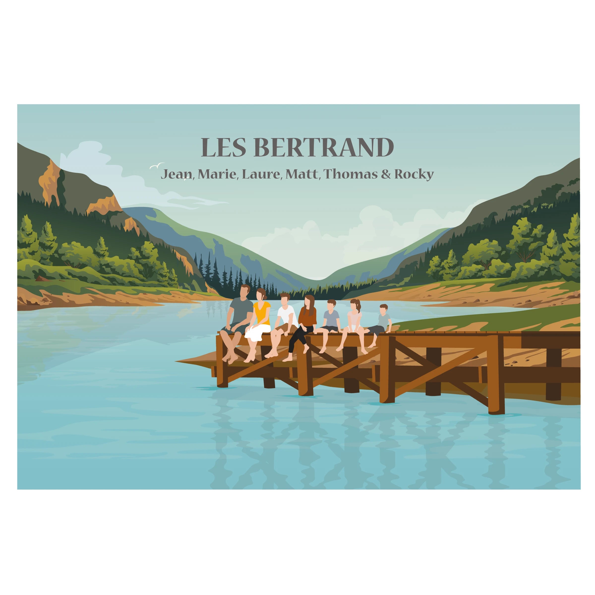Affiche illustrée montrant une famille assise sur un ponton en bois, face à un paysage naturel de lac ou de mer.