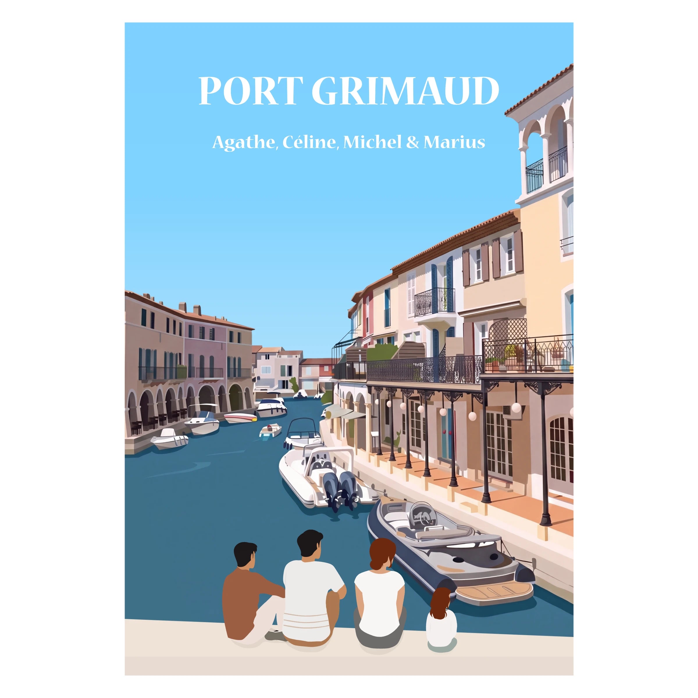 une famille assise sur un blanc face à Port Grimaud