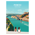 Affiche personnalisée de Porto avec famille de dos face à la ville, personnages personnalisables.
