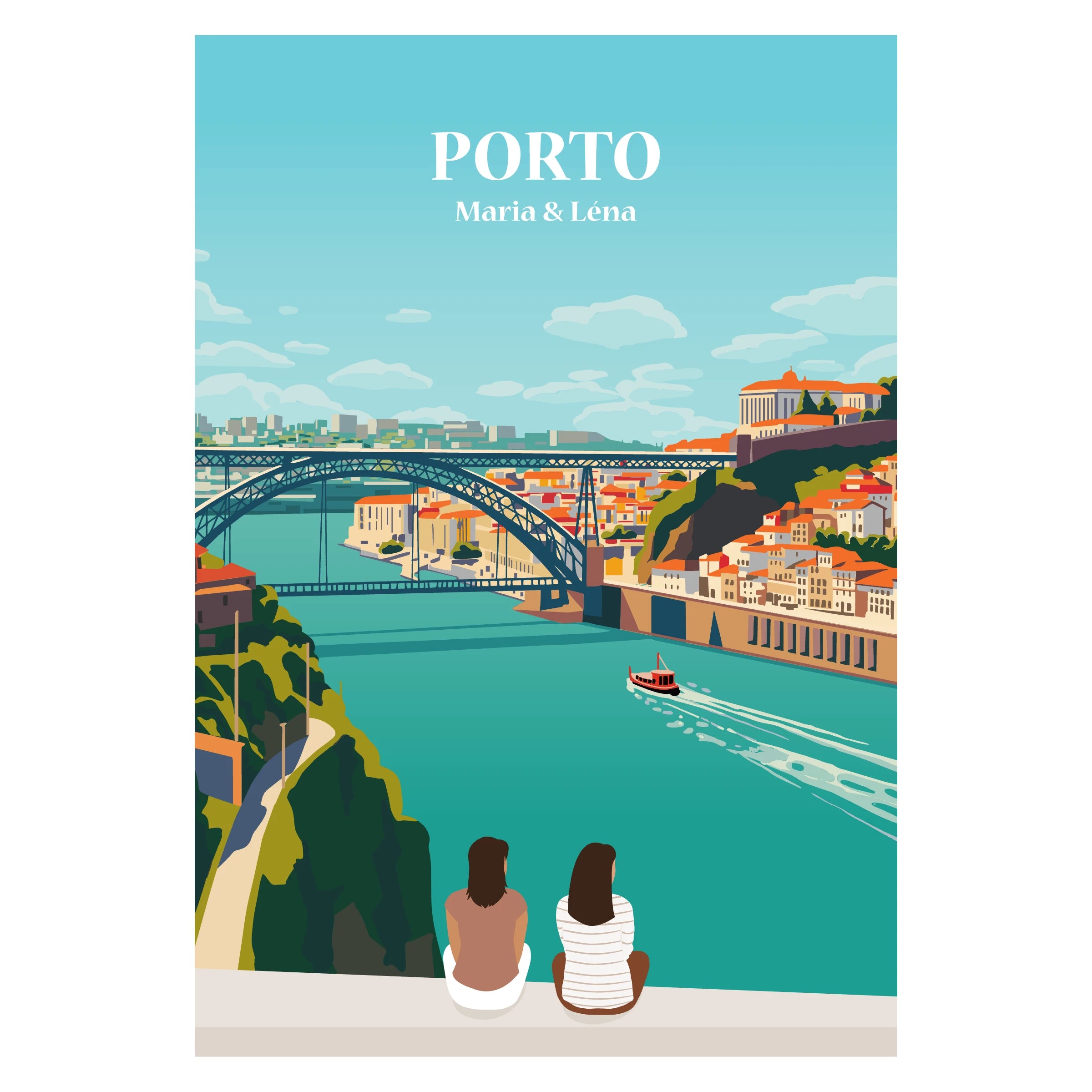 Affiche personnalisée de Porto avec famille de dos face à la ville, personnages personnalisables.
