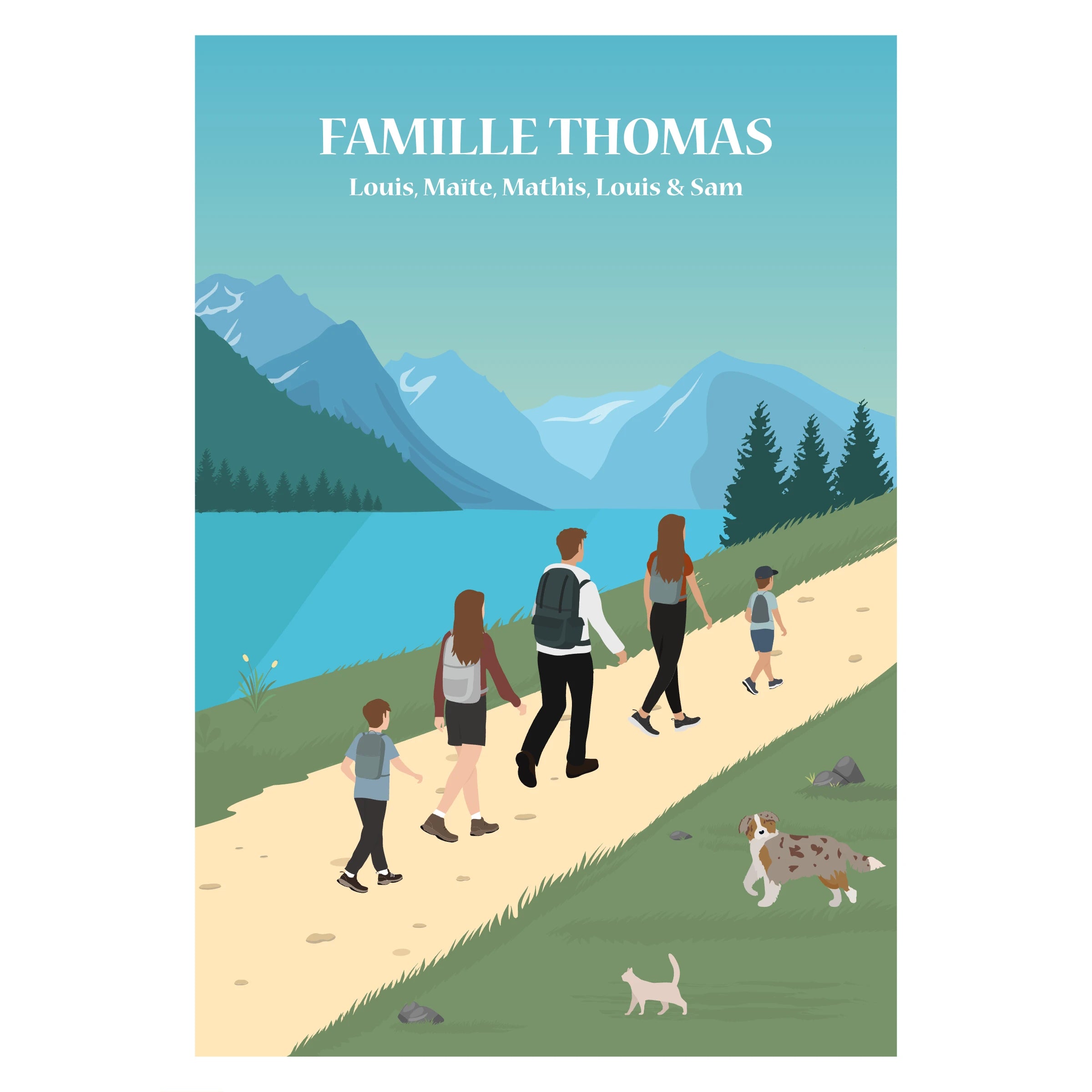 Affiche illustrée et personnalisable représentant une famille en randonnée dans les montagnes, avec différents paysages en arrière-plan.