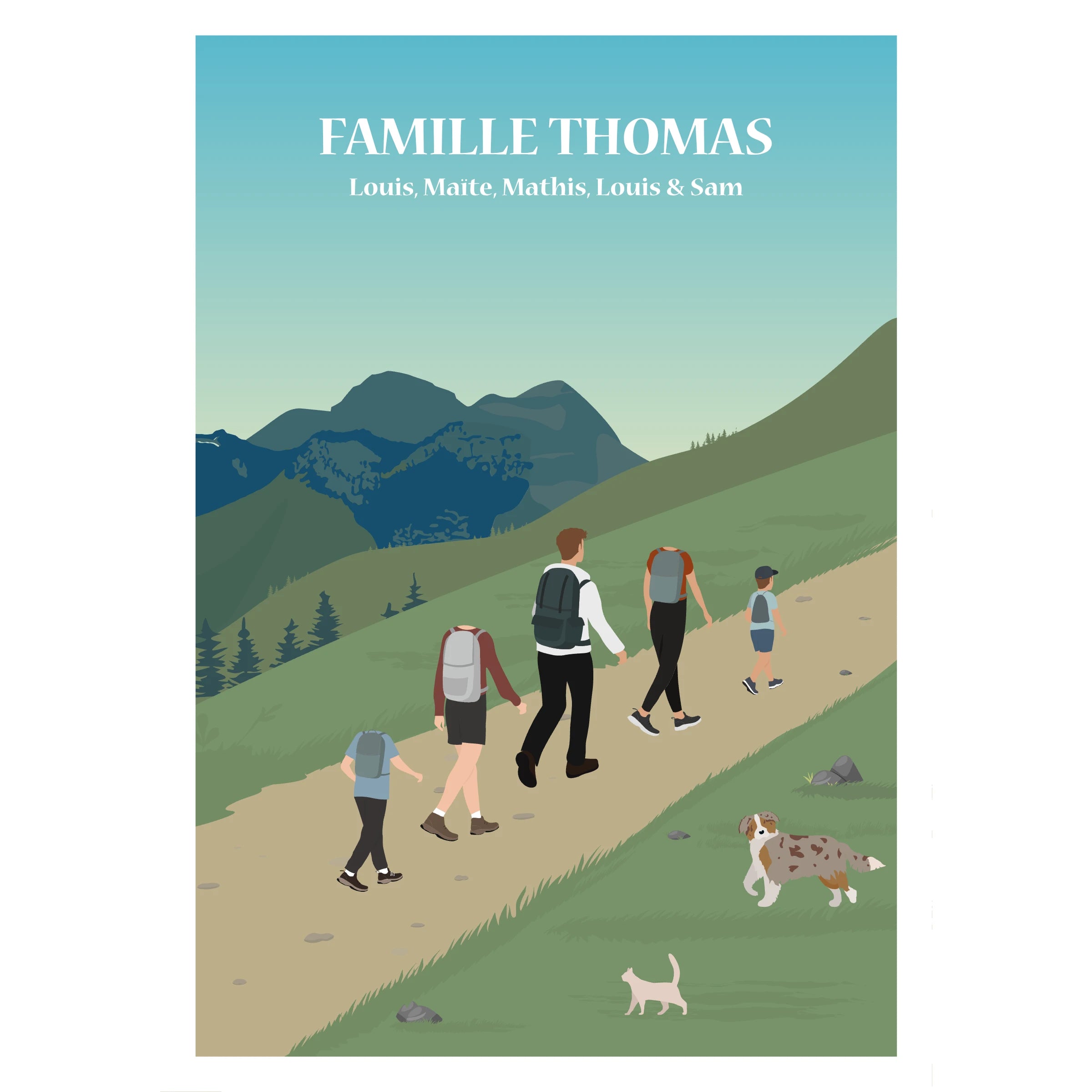 Affiche illustrée et personnalisable représentant une famille en randonnée dans les montagnes, avec différents paysages en arrière-plan.