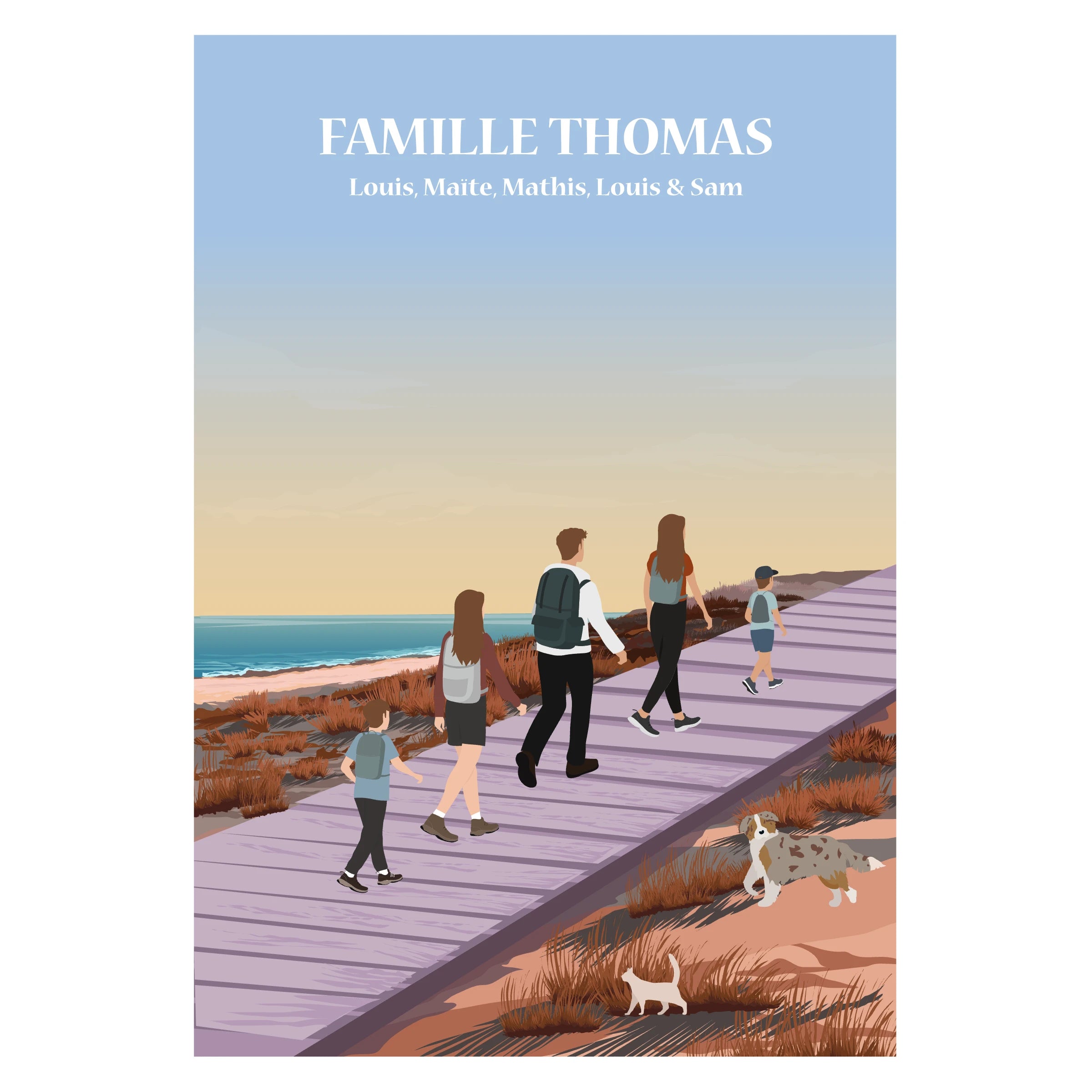 Affiche illustrée et personnalisable représentant une famille en randonnée dans les montagnes, avec différents paysages en arrière-plan.