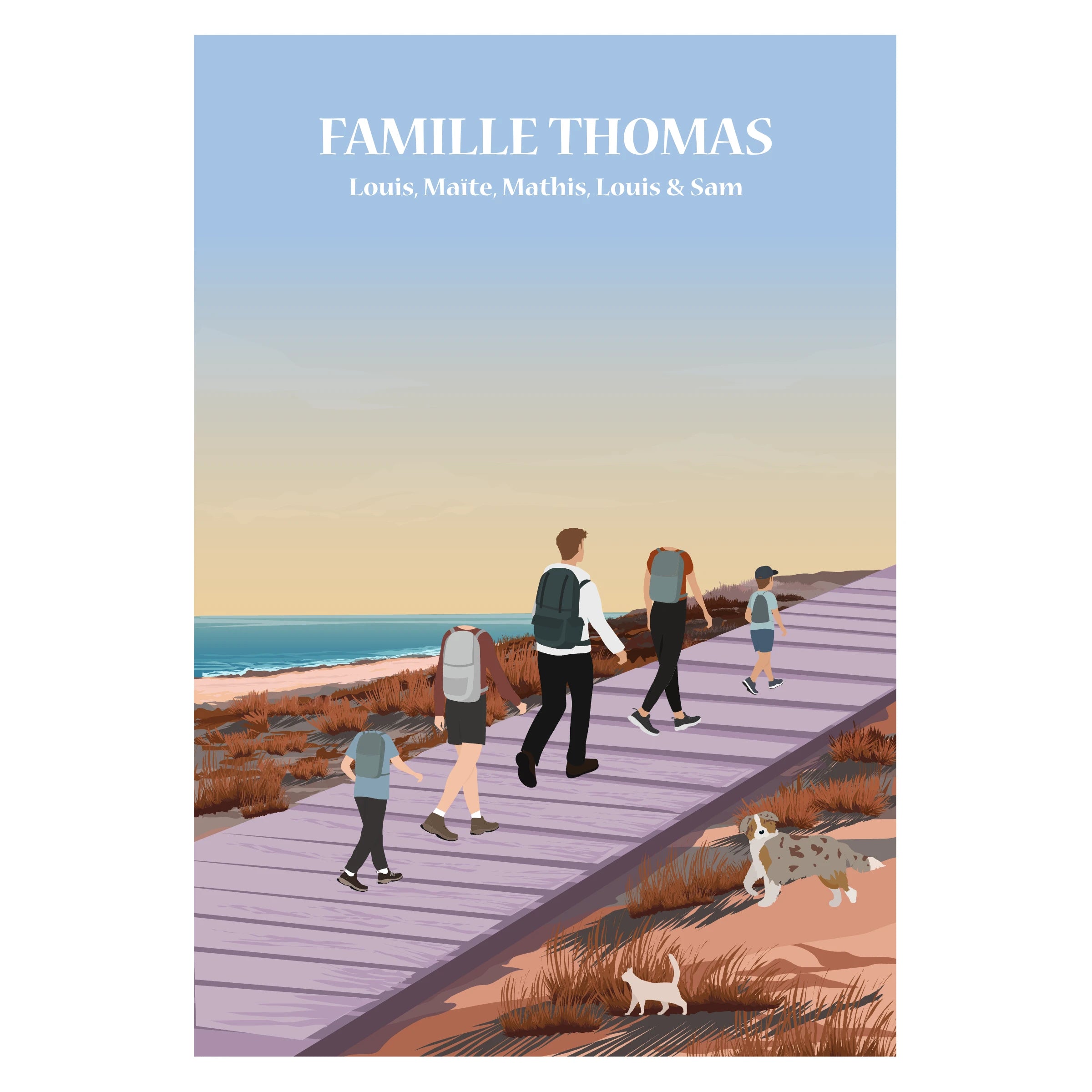 Affiche illustrée et personnalisable représentant une famille en randonnée dans les montagnes, avec différents paysages en arrière-plan.