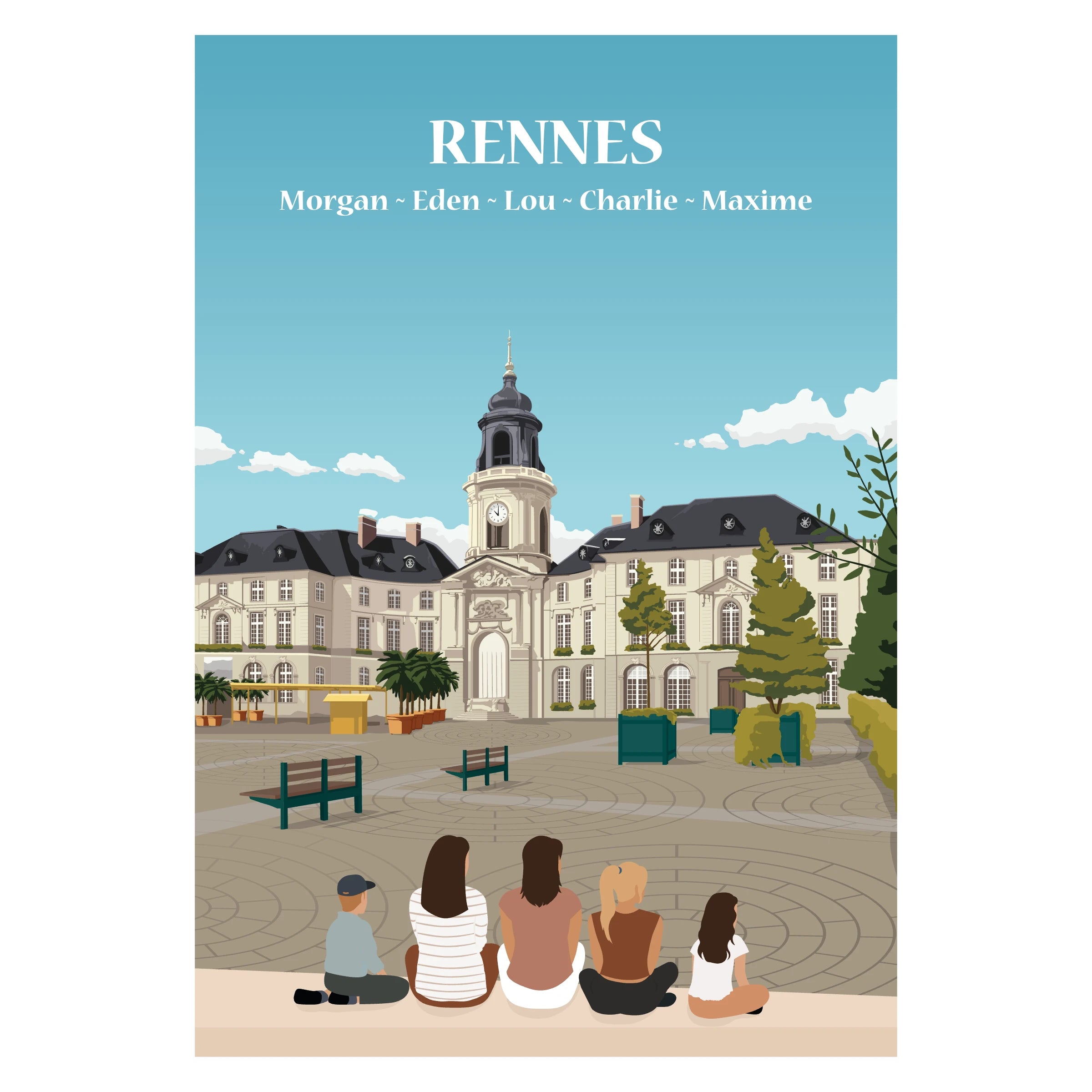 Affiche illustrée et personnalisable représentant une famille face à Rennes.