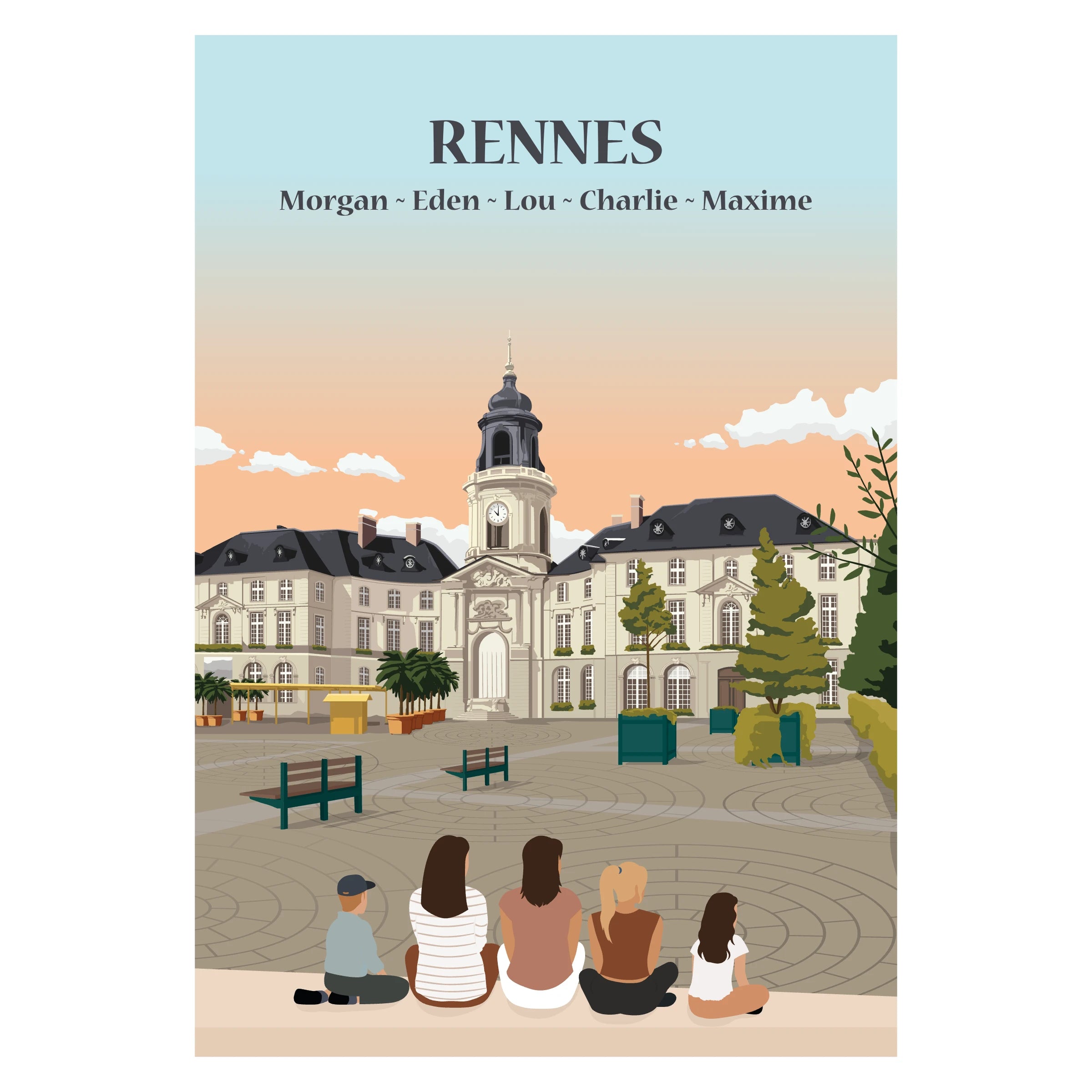 Affiche illustrée et personnalisable représentant une famille face à Rennes.