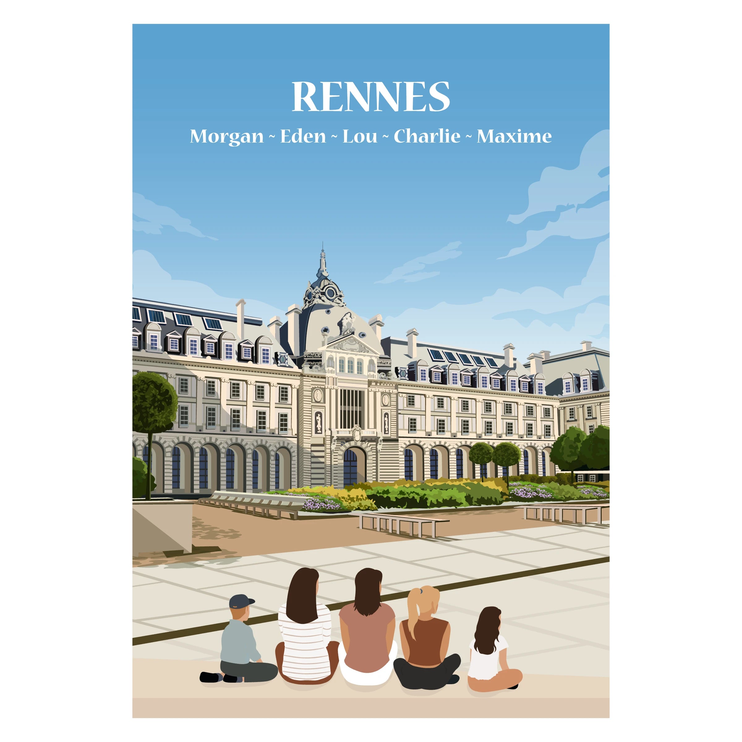 Affiche illustrée et personnalisable représentant une famille face à Rennes.