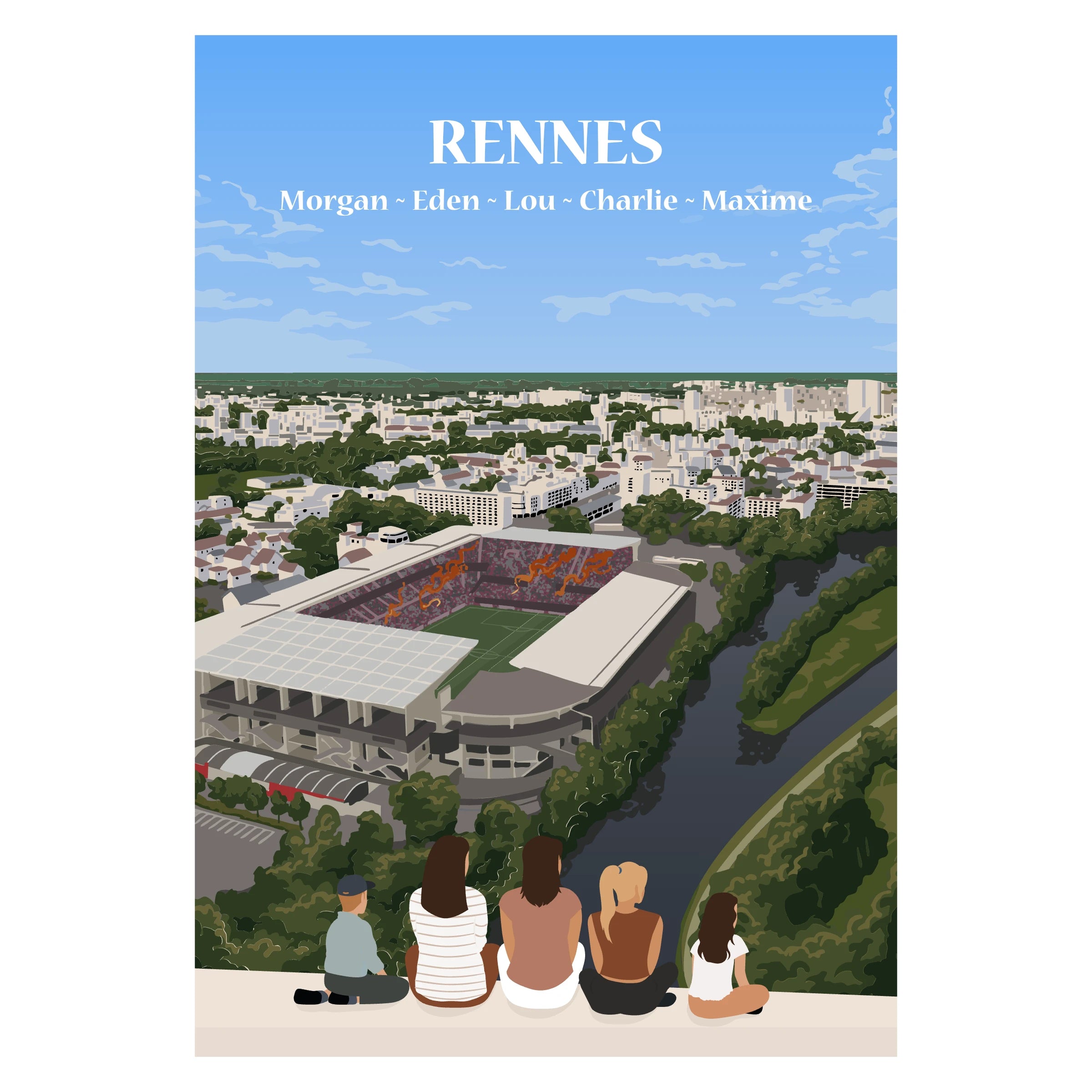 Affiche illustrée et personnalisable représentant une famille face à Rennes.