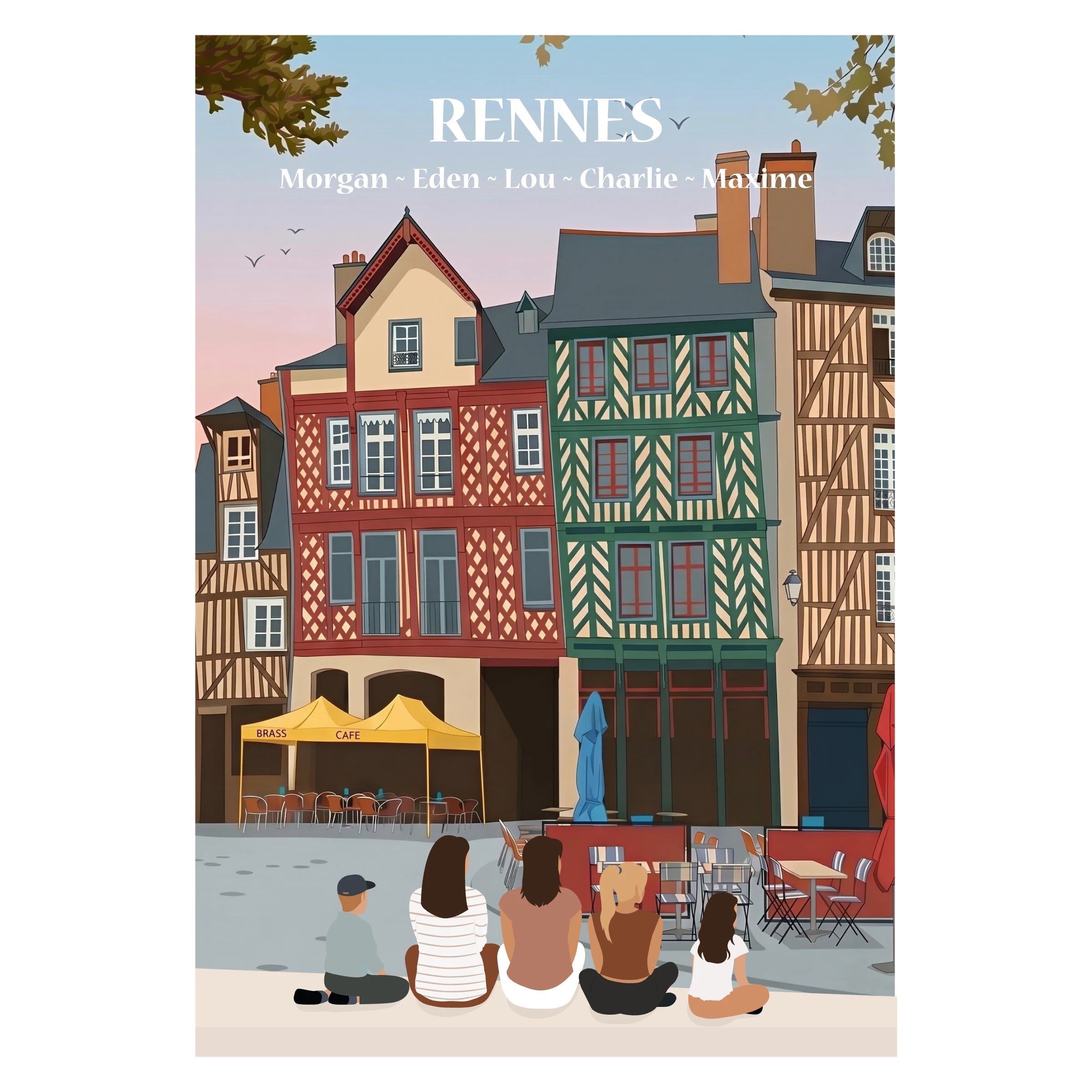 Affiche illustrée et personnalisable représentant une famille face à Rennes.