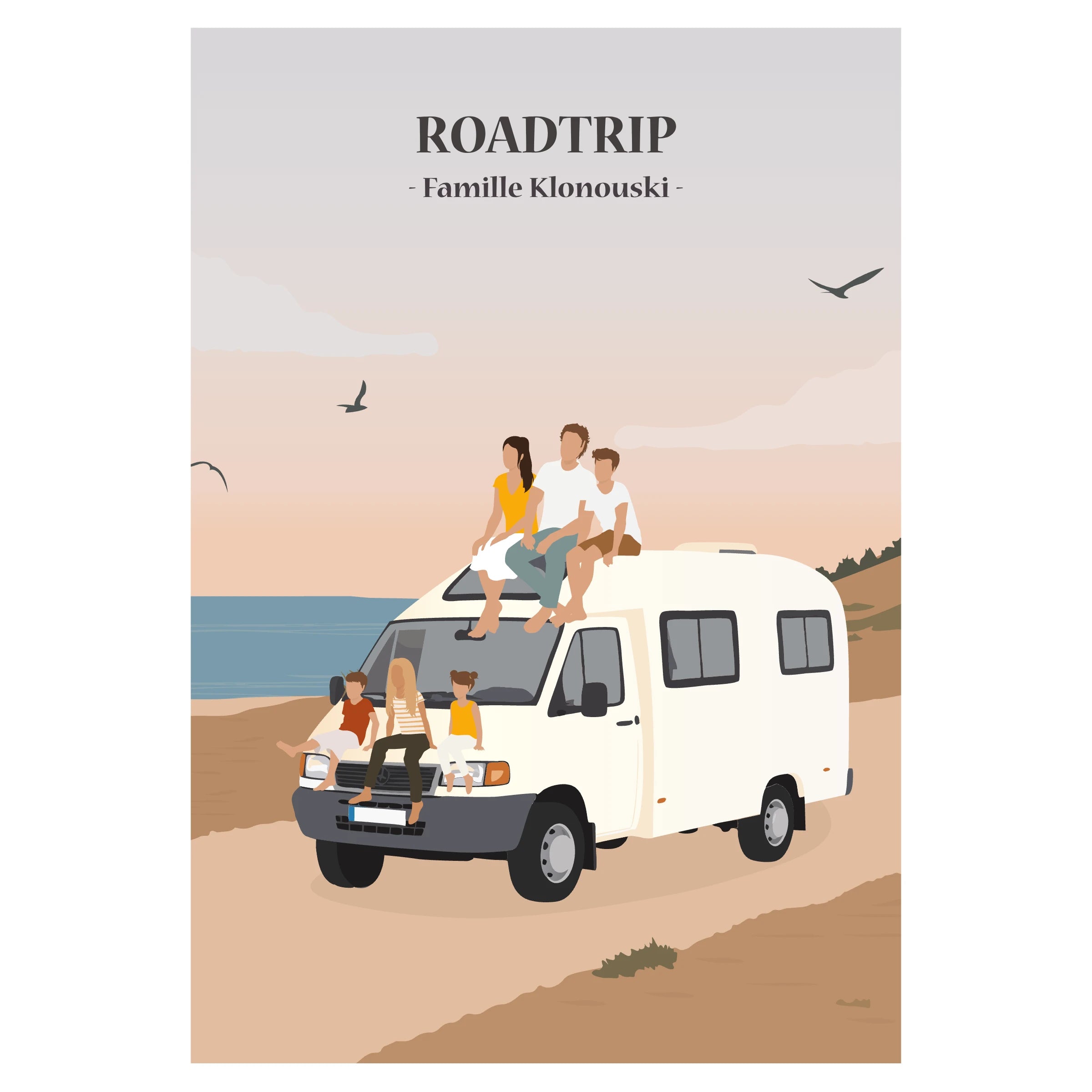 Affiche illustrée et personnalisable représentant une famille en roadtrip dans une fourgonnette ou un van, avec différents paysages en arrière-plan.