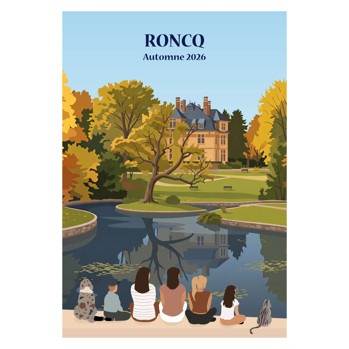 Affiche illustrée et personnalisable représentant une famille face aux monuments et paysages emblématiques de Roncq