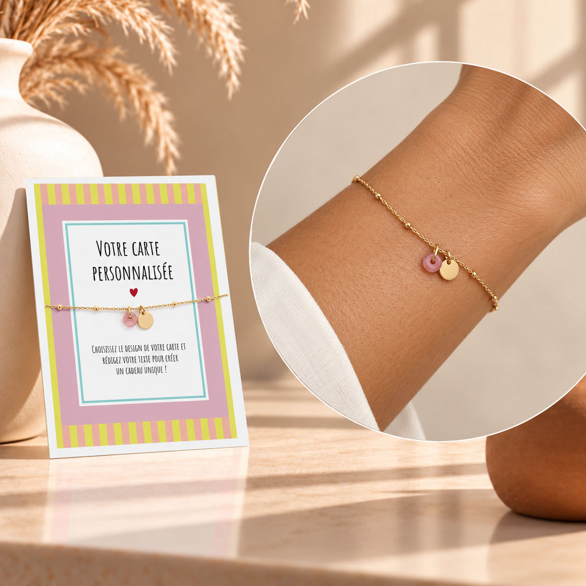 Bracelet Doré Pierre Colorée avec Carte Message Personnalisée
