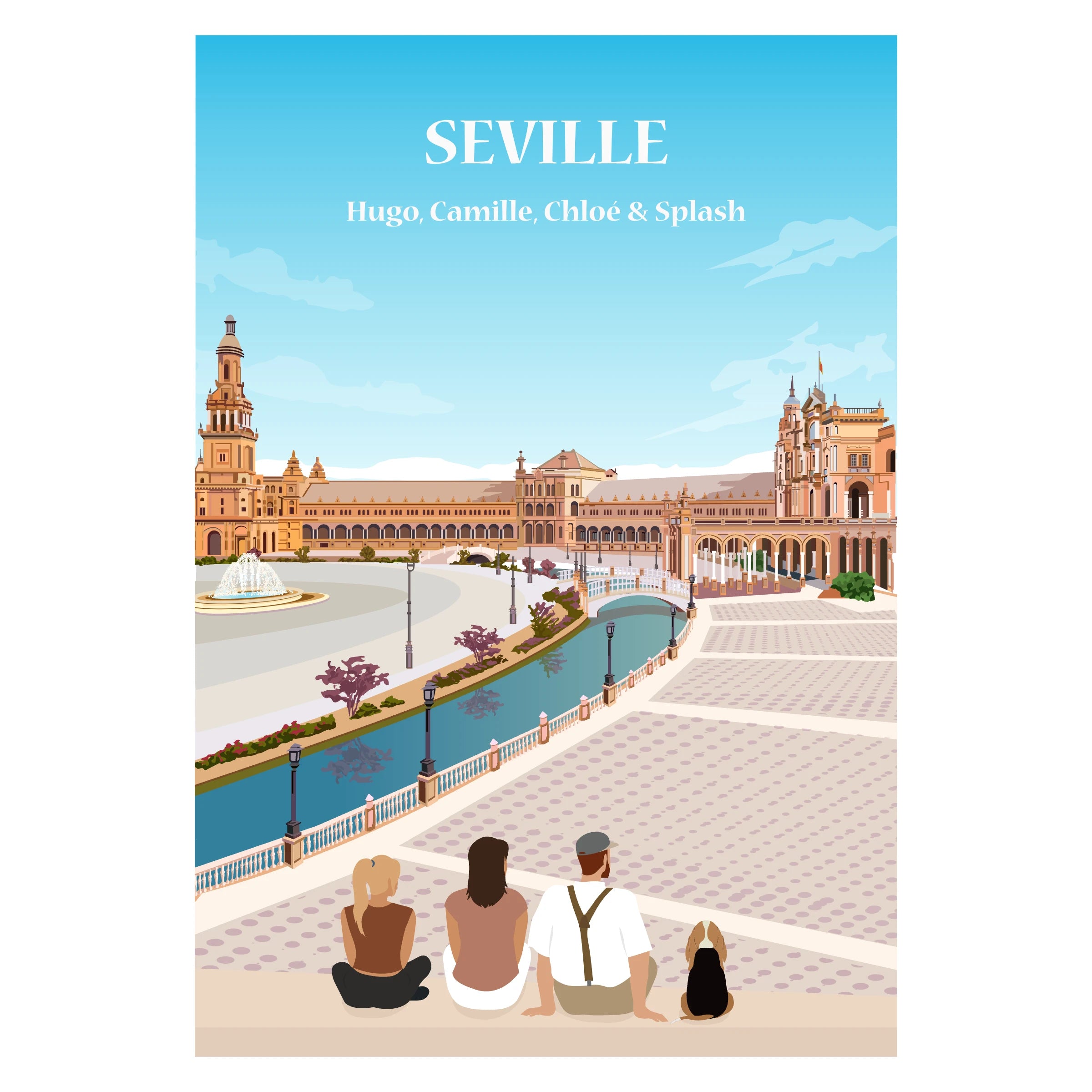 Affiche personnalisée d'une famille devant la place d'Espagne à Séville en Andalousie