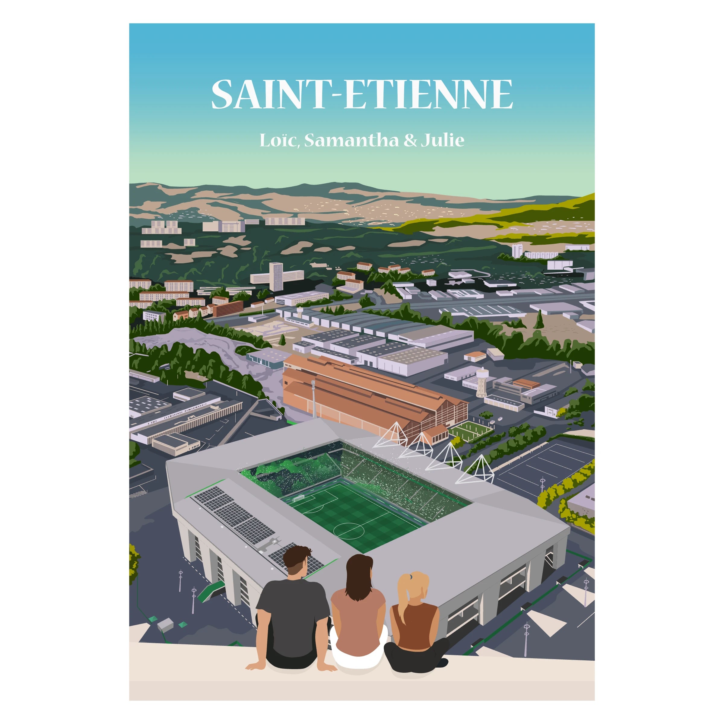 Affiche personnalisée d'une famille sur les hauteurs de Saint-Etienne avec vu sur le stade