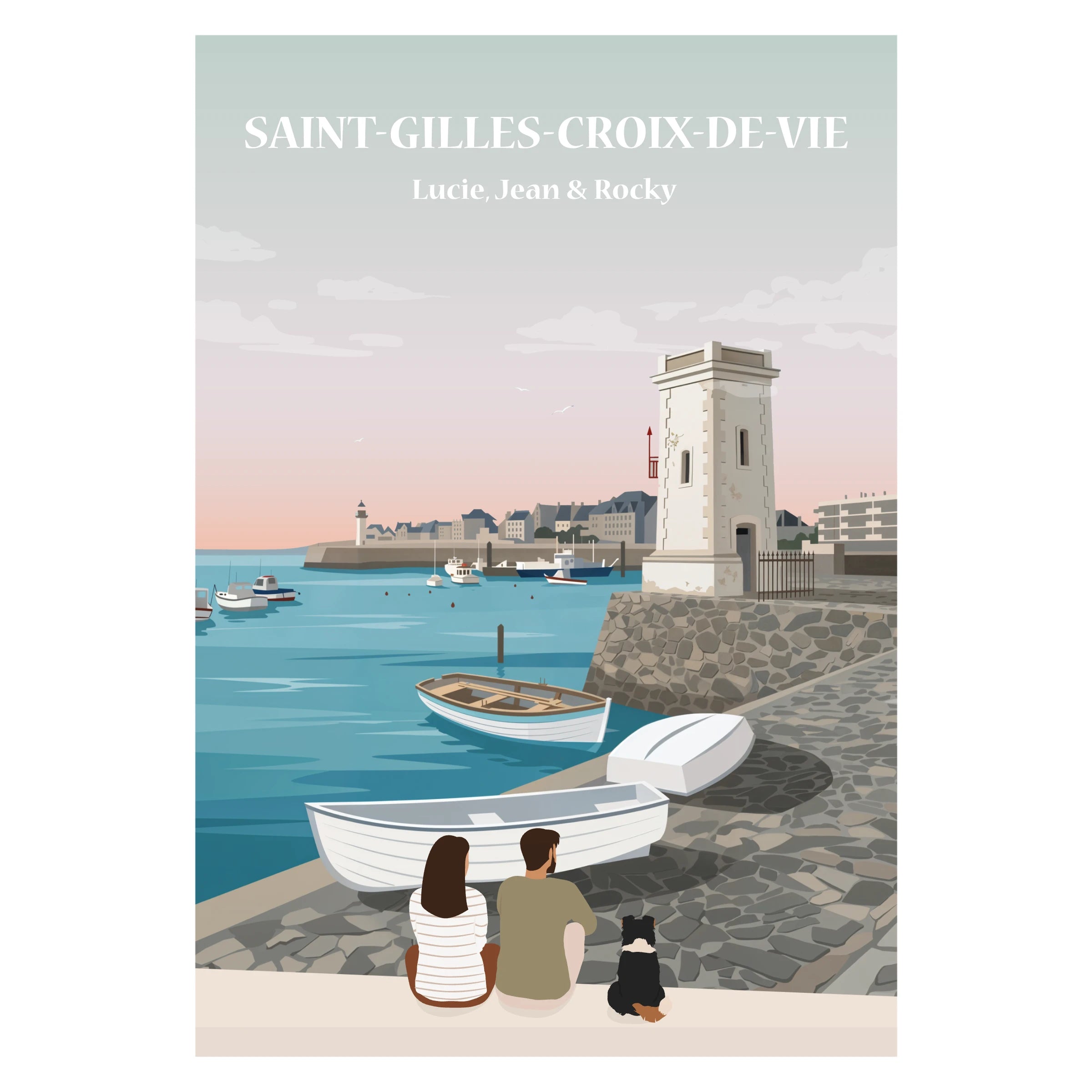 Affiche d'un couple et leur chien assis face au port de Saint-Gilles-Croix-de-Vie