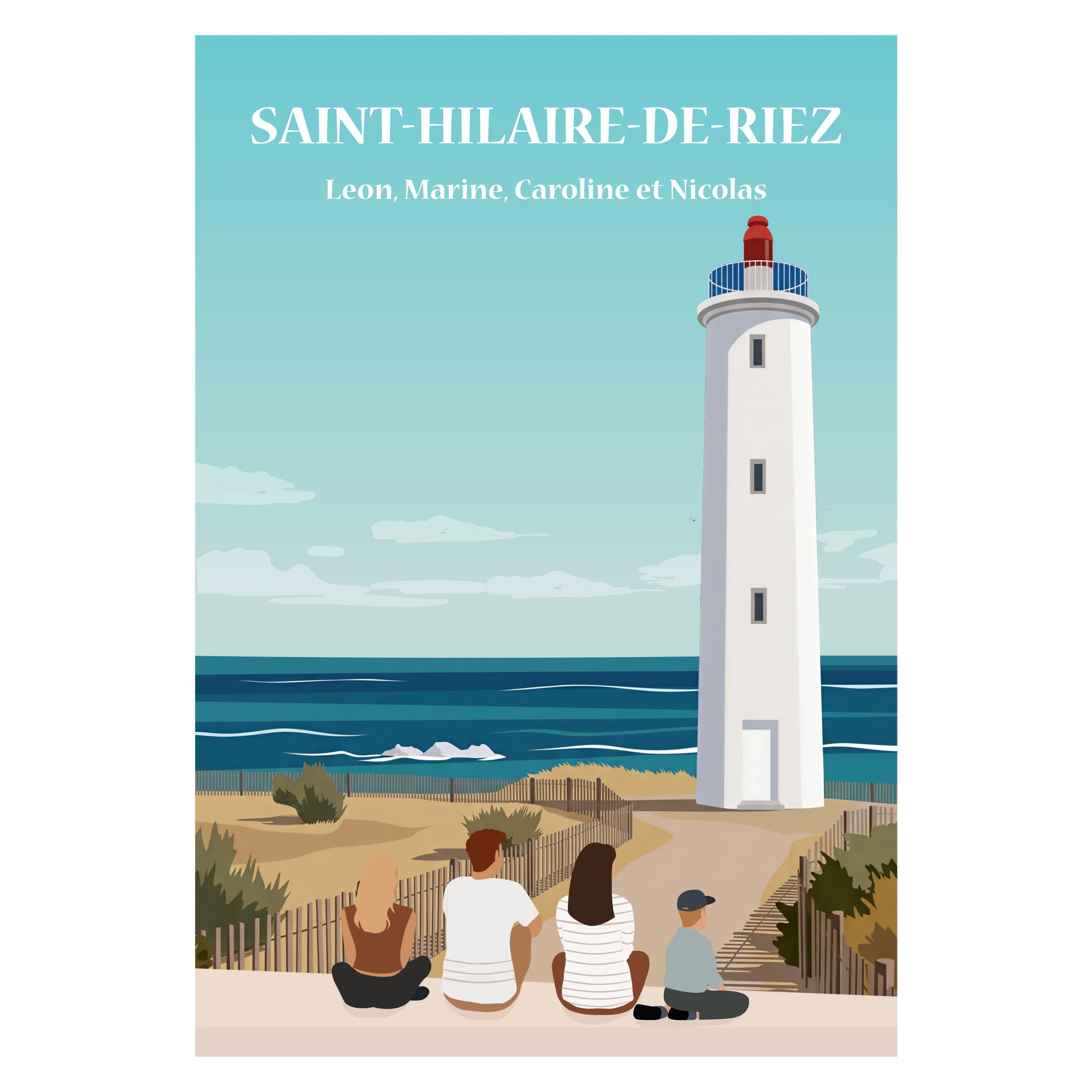 Famille assise de dos sur un banc face au phare de Saint-Hilaire-de-Riez avec la mer derrière.