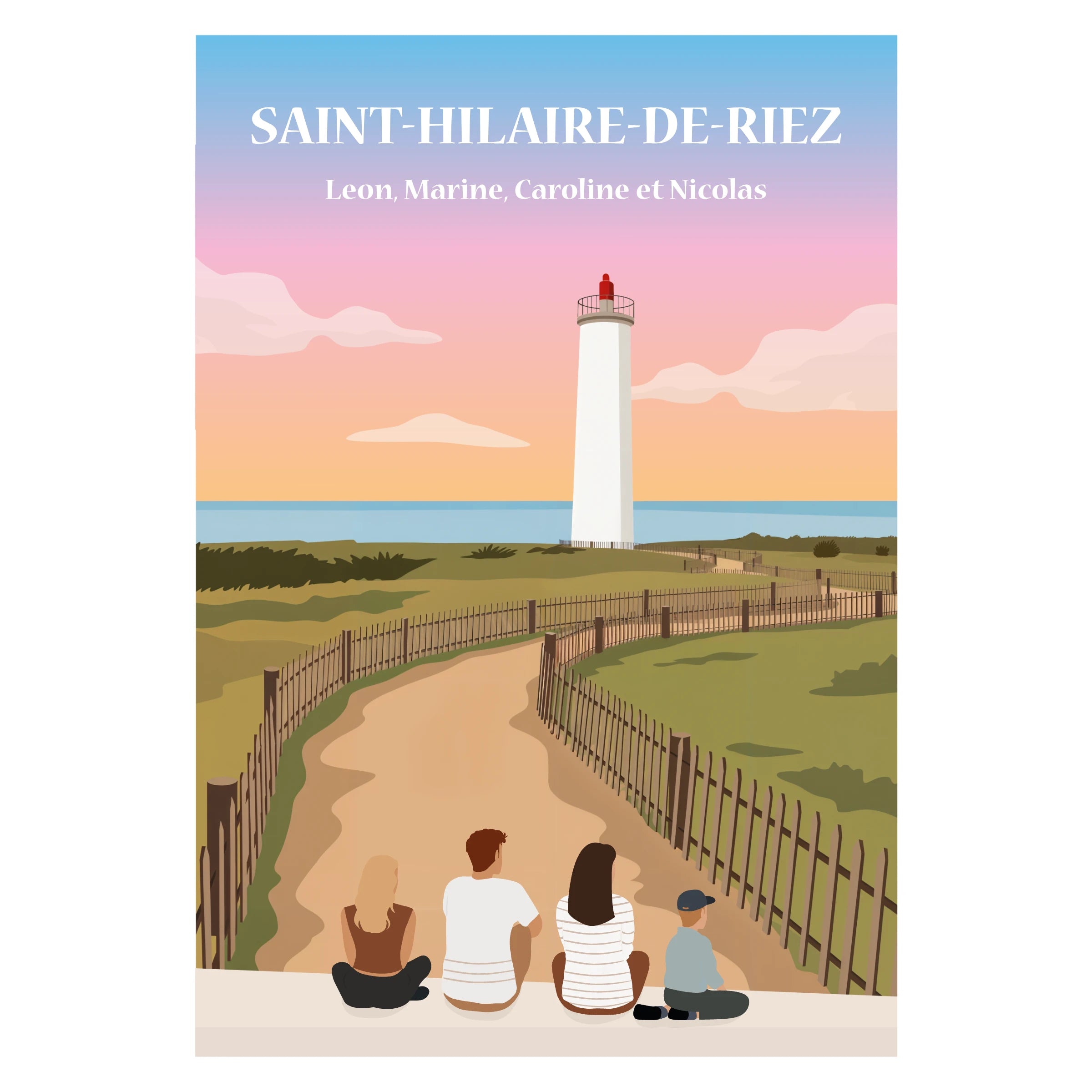 Famille assise de dos sur un banc face au phare de Saint-Hilaire-de-Riez avec la mer derrière.