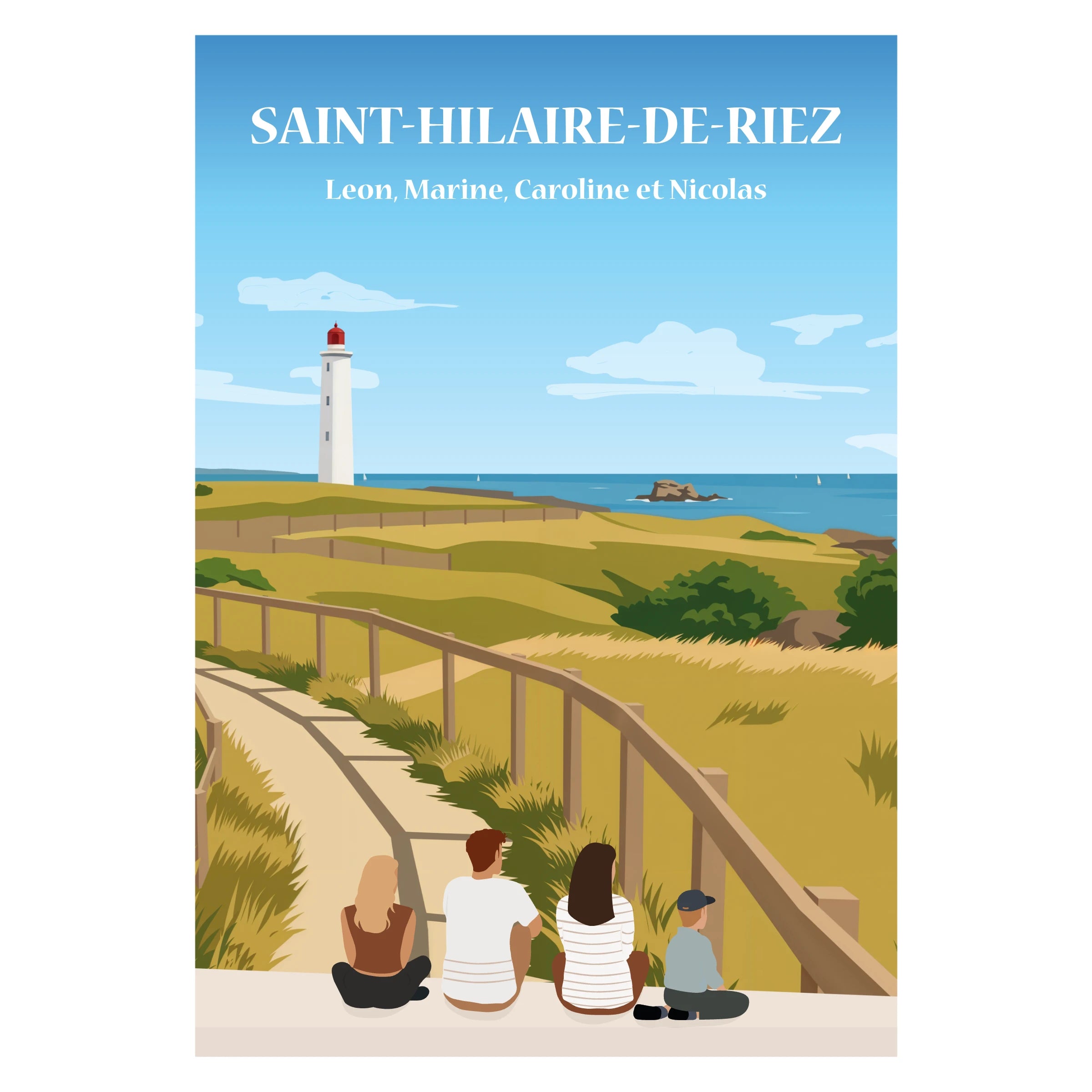 Famille assise de dos sur un banc face au phare de Saint-Hilaire-de-Riez avec la mer derrière.