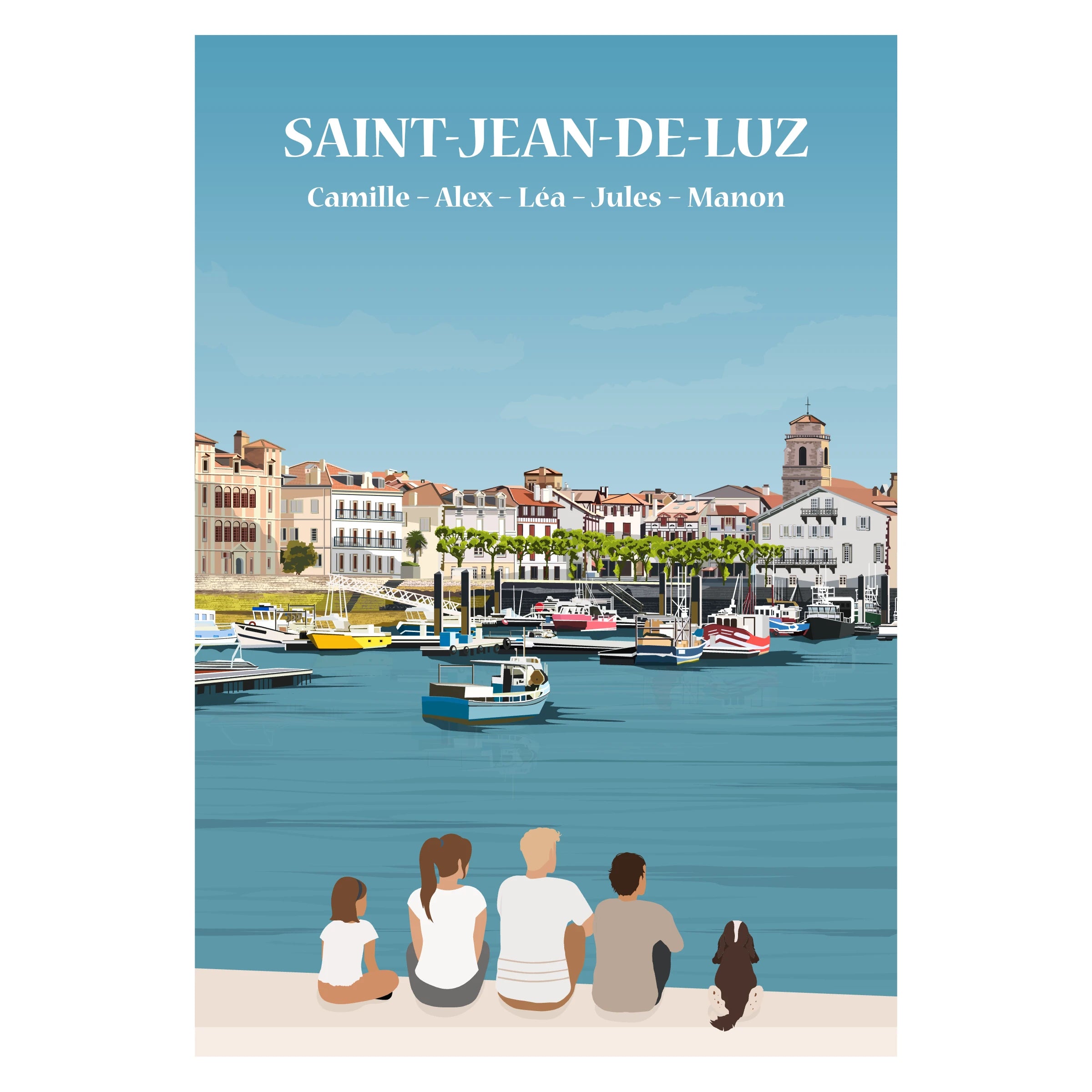 Illustration personnalisable représentant une famille assise de dos face à la mer à Saint-Jean-de-Luz.