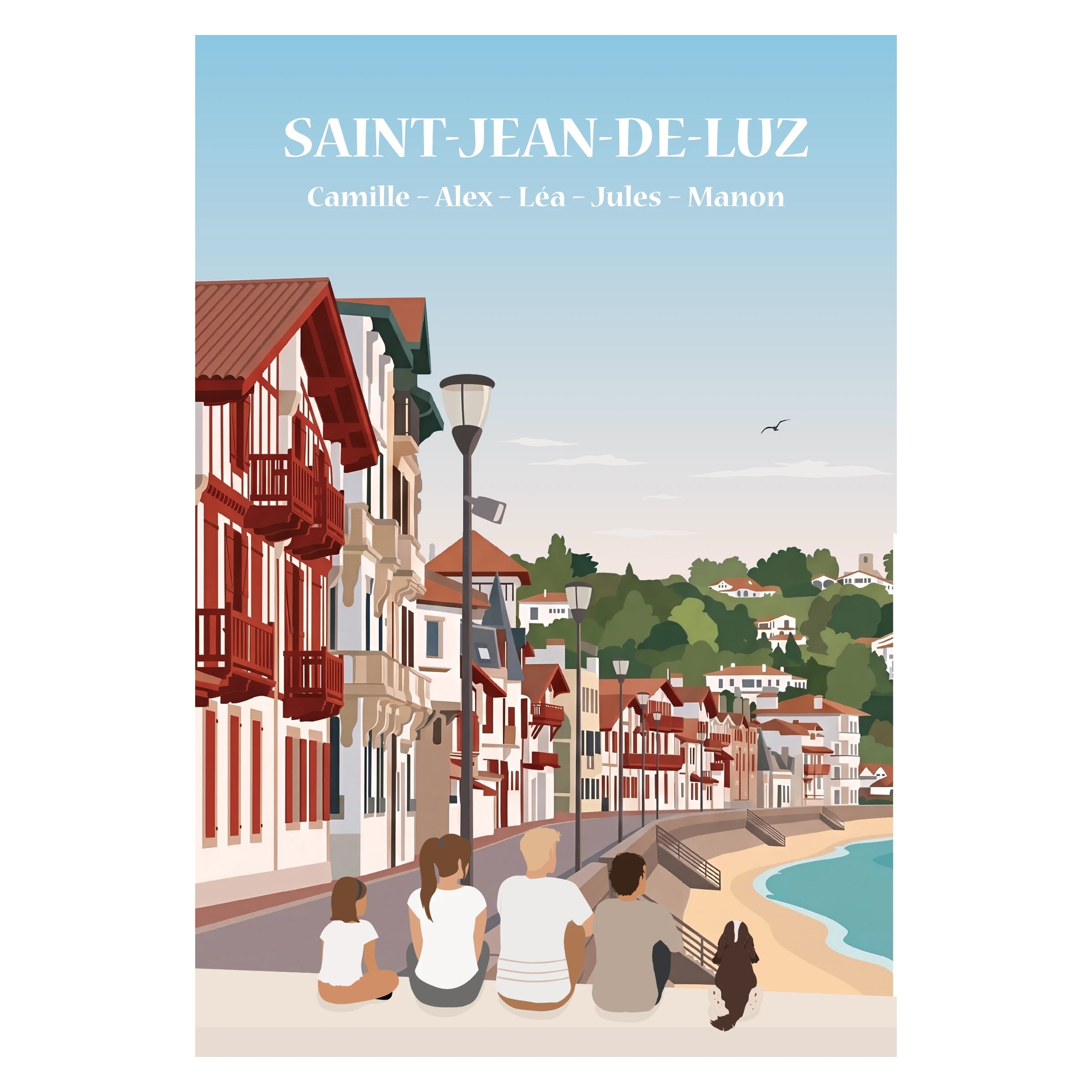 Illustration personnalisable représentant une famille assise de dos face à la mer à Saint-Jean-de-Luz.