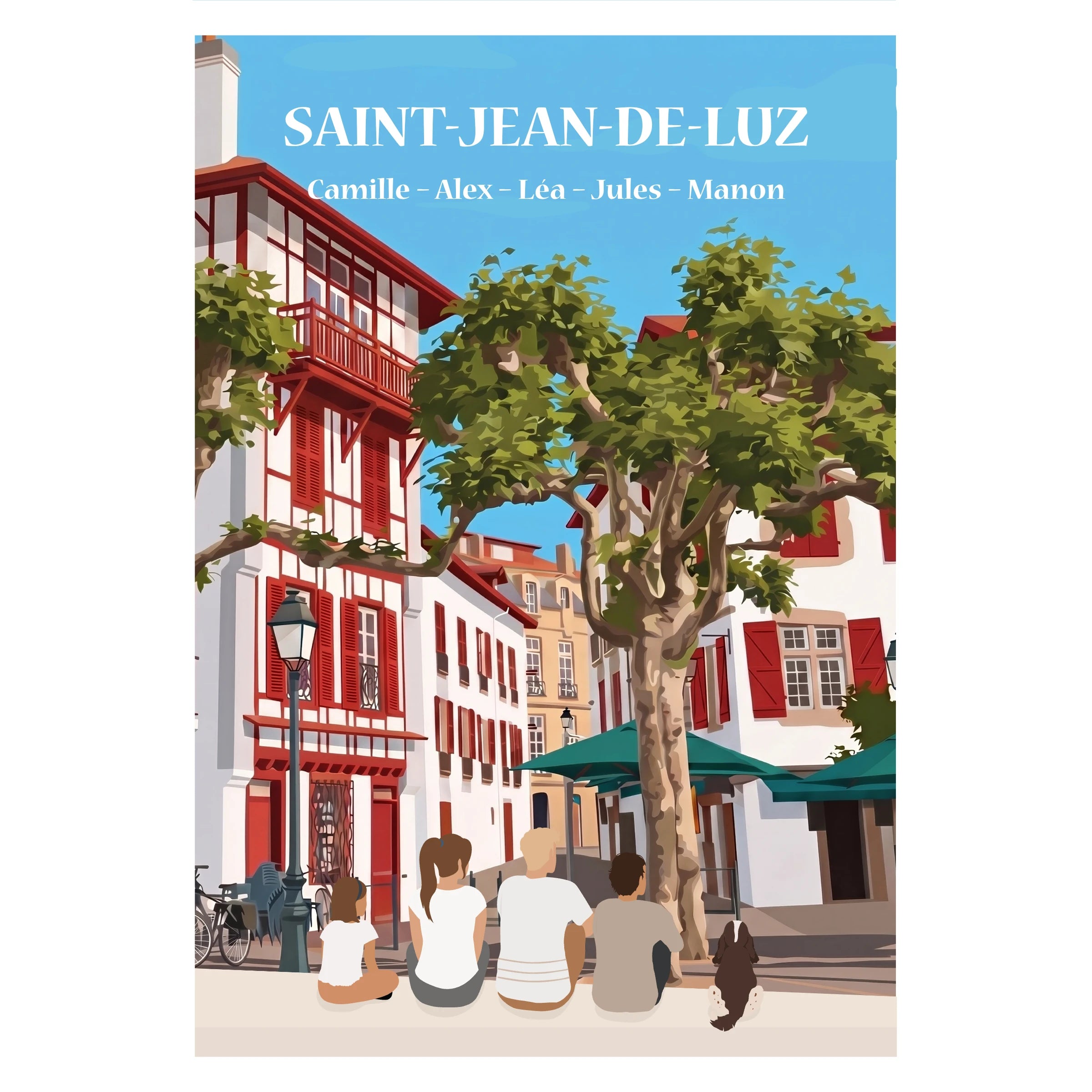 Illustration personnalisable représentant une famille assise de dos face à la mer à Saint-Jean-de-Luz.