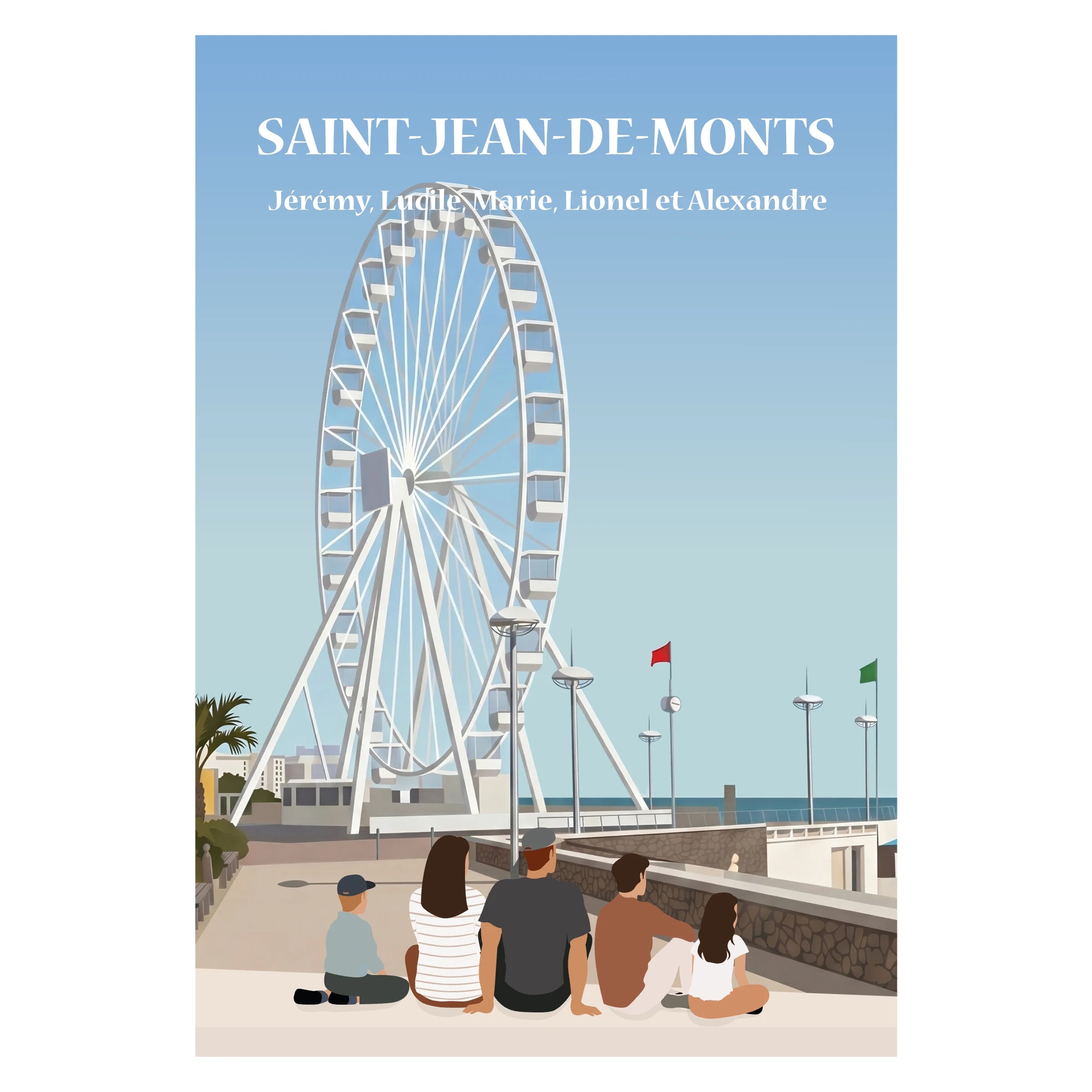 une famille de dos assise sur un banc face à la plage de Saint-Jean-de-Monts.