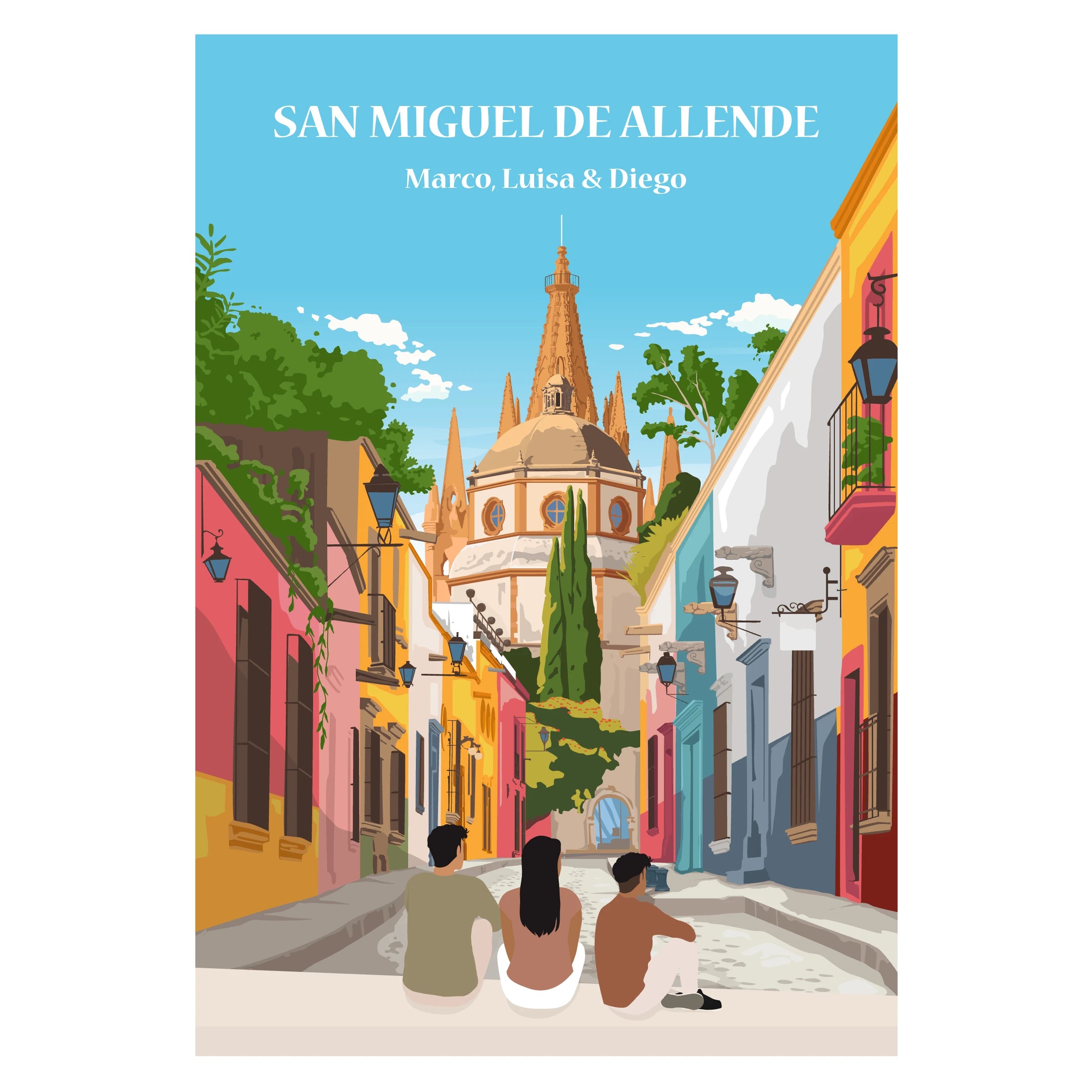 Affiche famille San Miguel de Allende personnalisée avec façades colorées, ruelles typiques et architecture emblématique du Mexique.