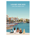 Affiche illustrée et personnalisable représentant une famille face au port et aux maisons colorées de Sanary-sur-Mer, entre mer et paysages méditerranéens.