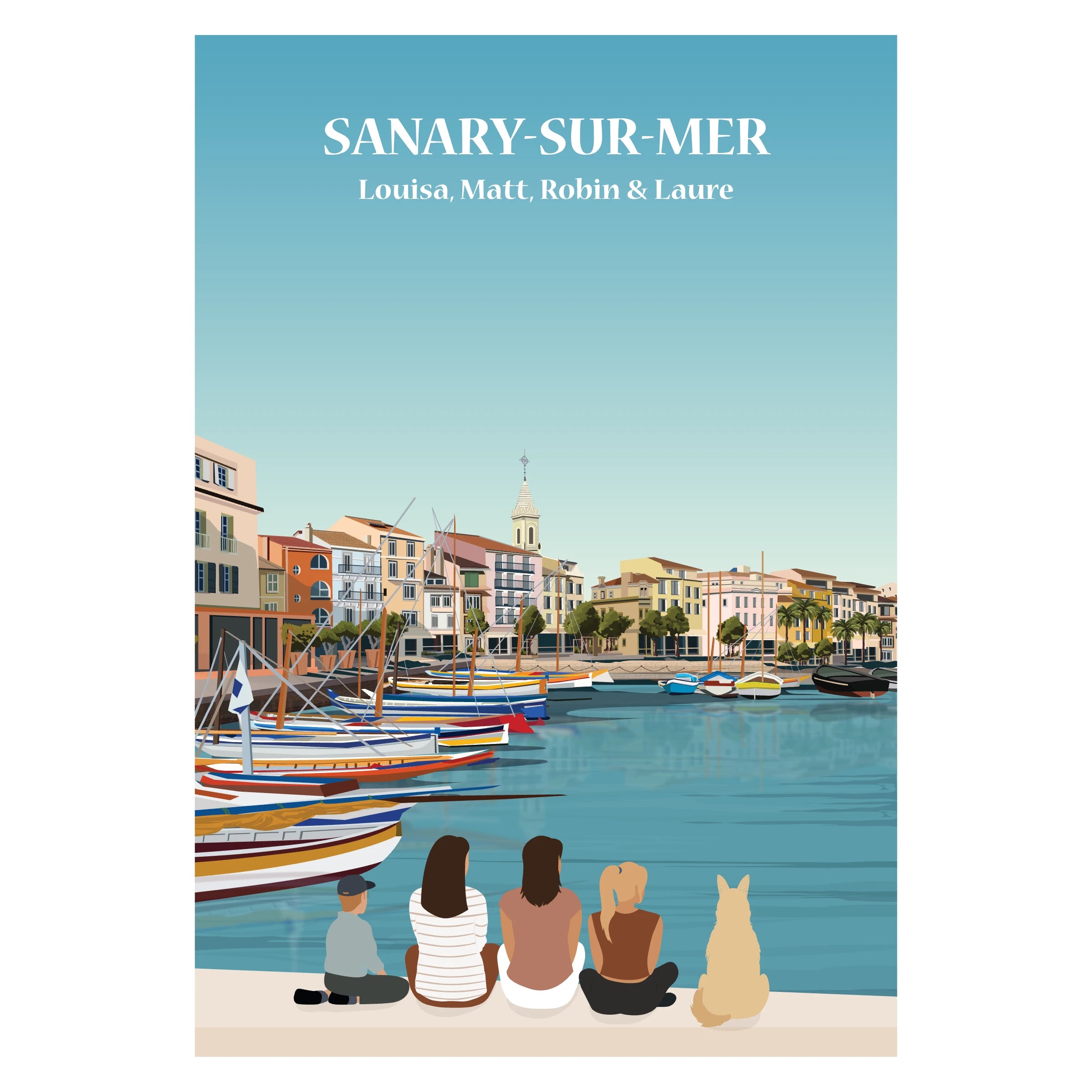 Affiche illustrée et personnalisable représentant une famille face au port et aux maisons colorées de Sanary-sur-Mer, entre mer et paysages méditerranéens.