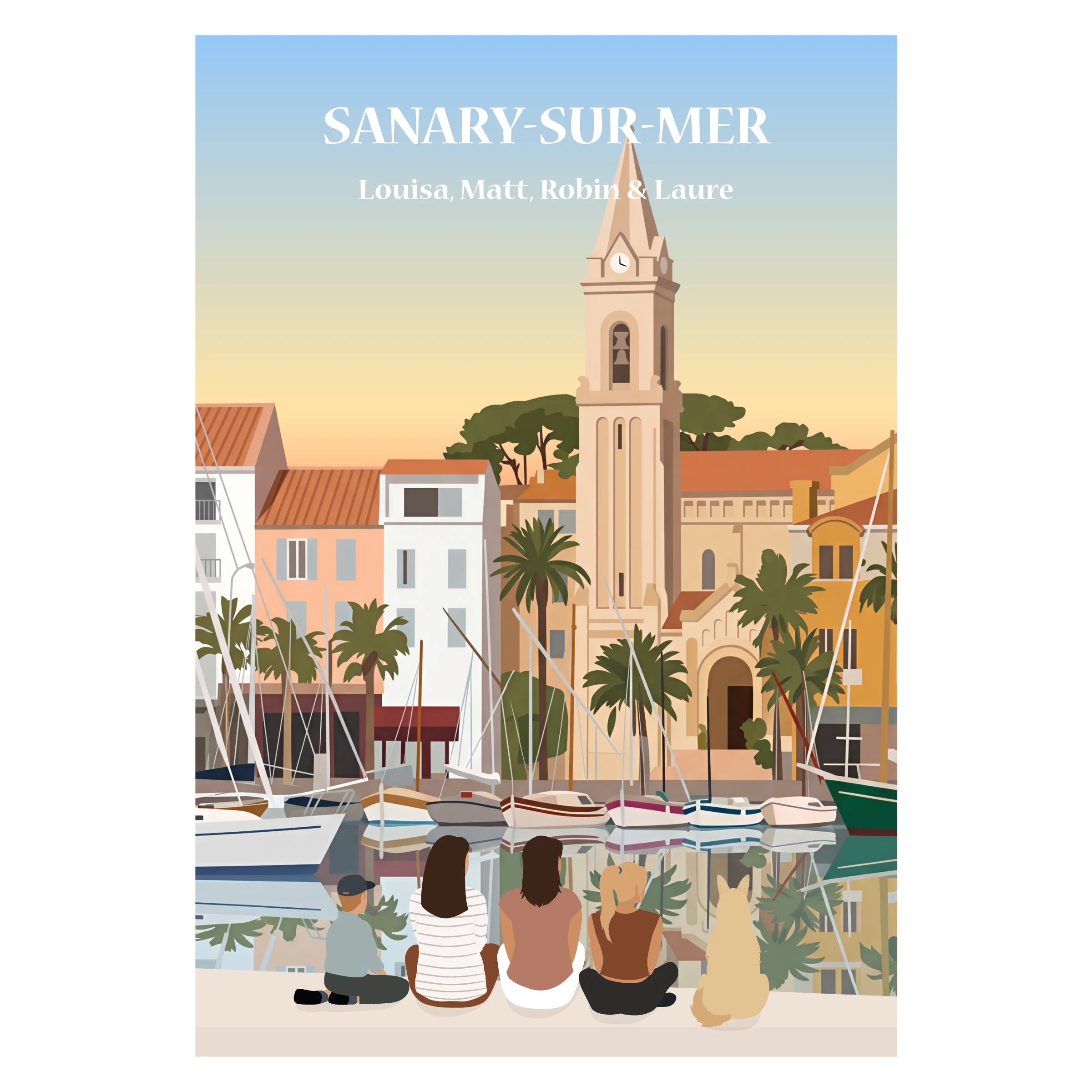 Affiche illustrée et personnalisable représentant une famille face au port et aux maisons colorées de Sanary-sur-Mer, entre mer et paysages méditerranéens.
