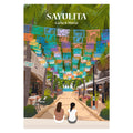Affiche personnalisée Sayulita en famille de dos dans une ambiance colorée et ensoleillée