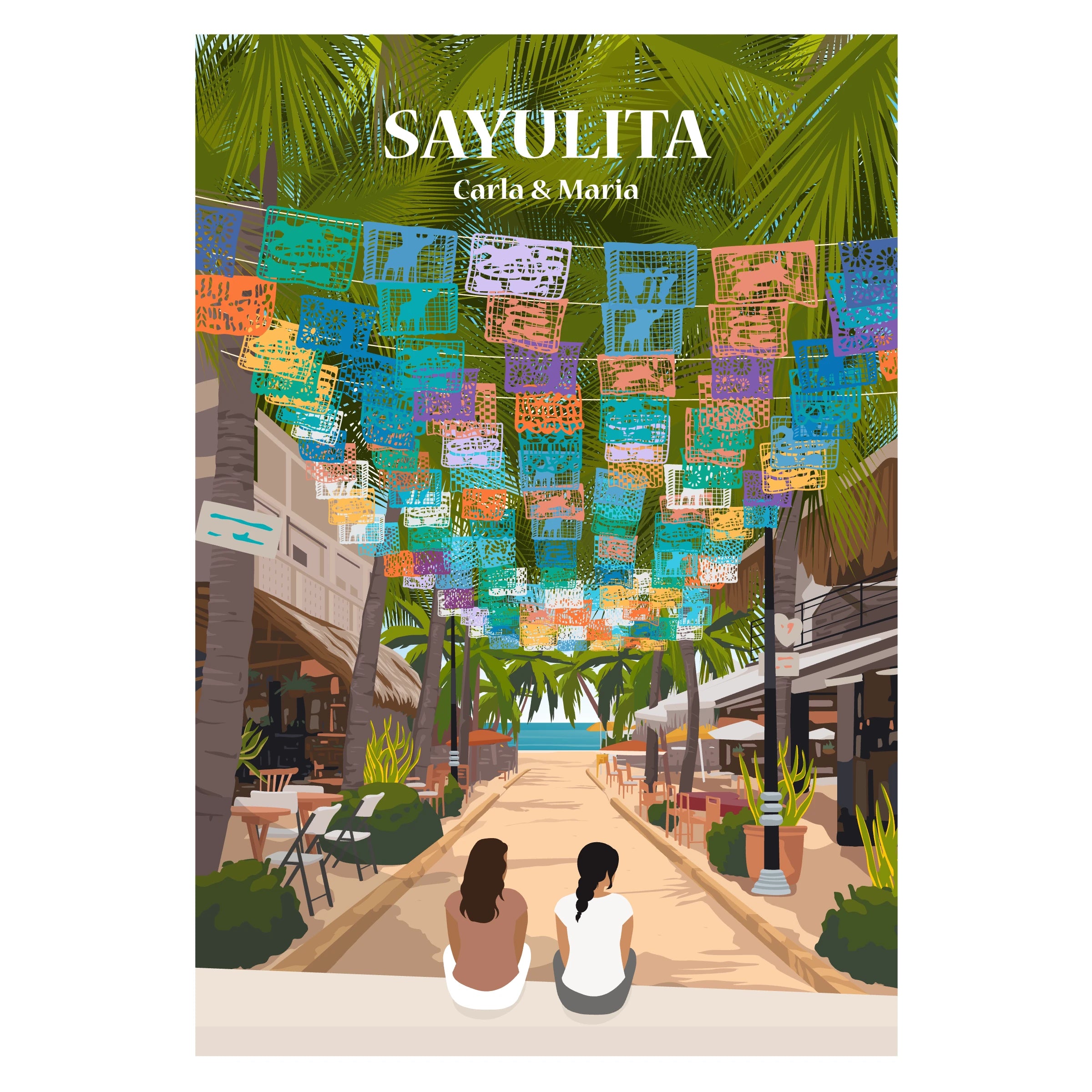 Affiche personnalisée Sayulita en famille de dos dans une ambiance colorée et ensoleillée