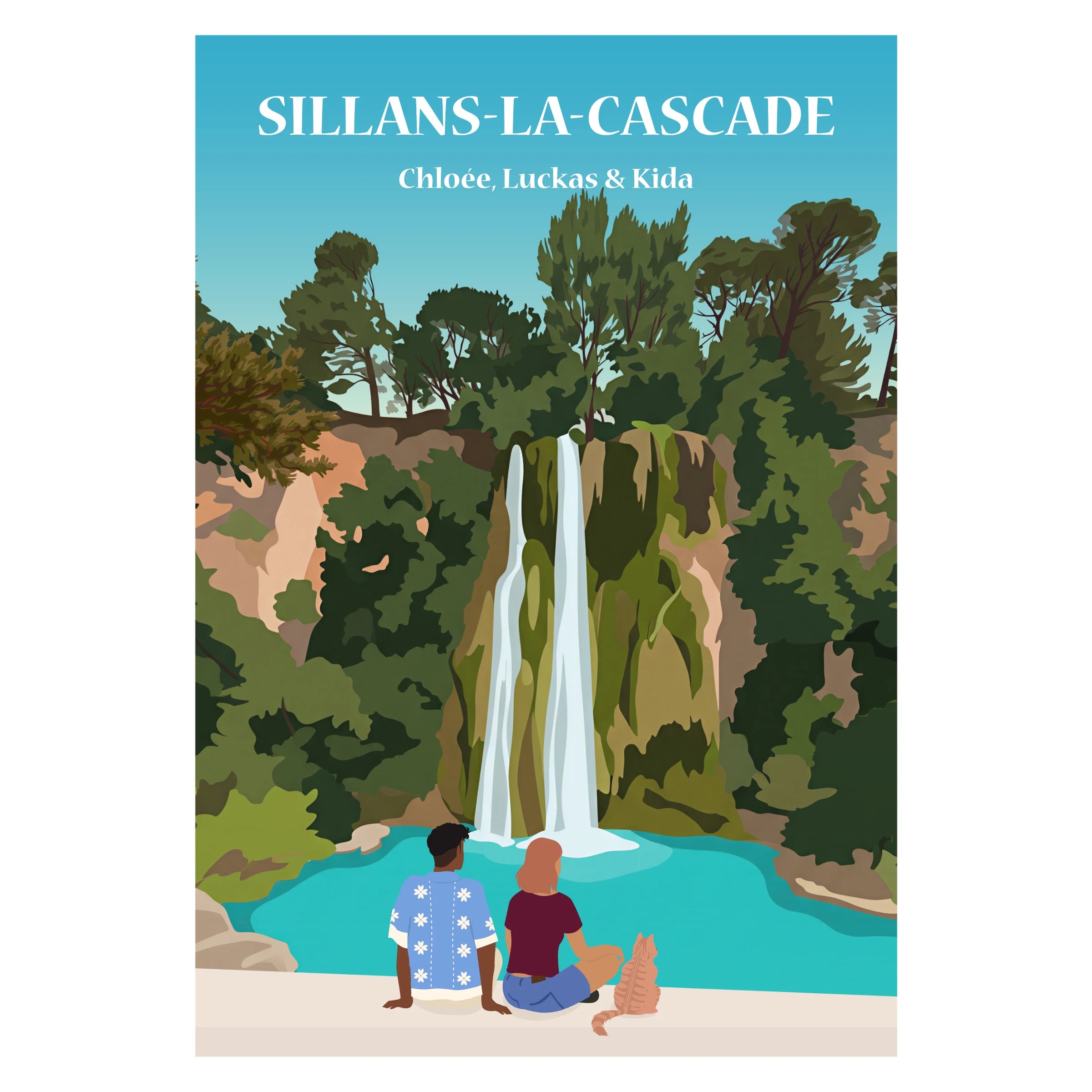 une famille assise sur un banc face à la cascade de sillans-la-cascade