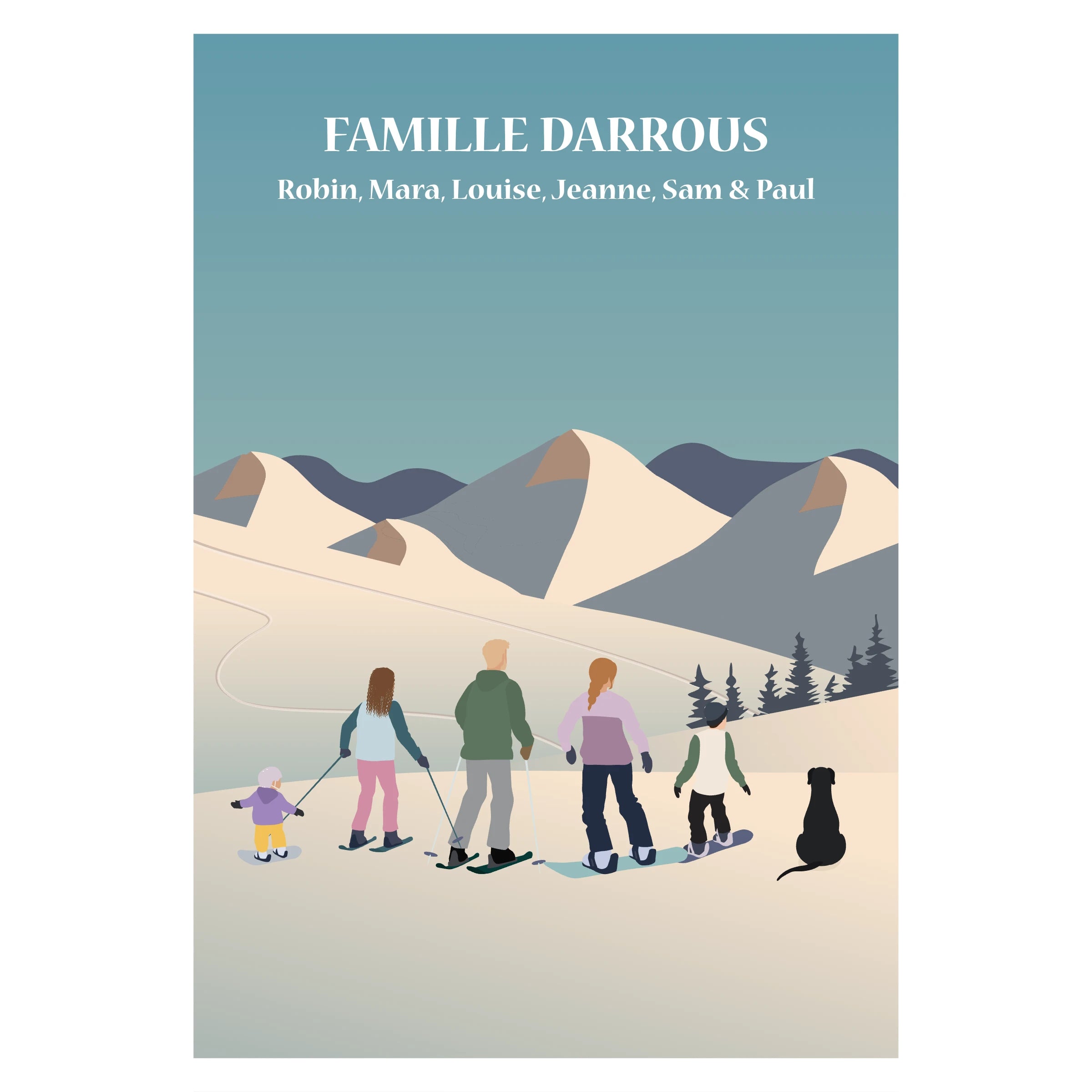Affiche illustrée représentant une famille au ski sur les pistes enneigées, décoration murale chaleureuse et moderne.