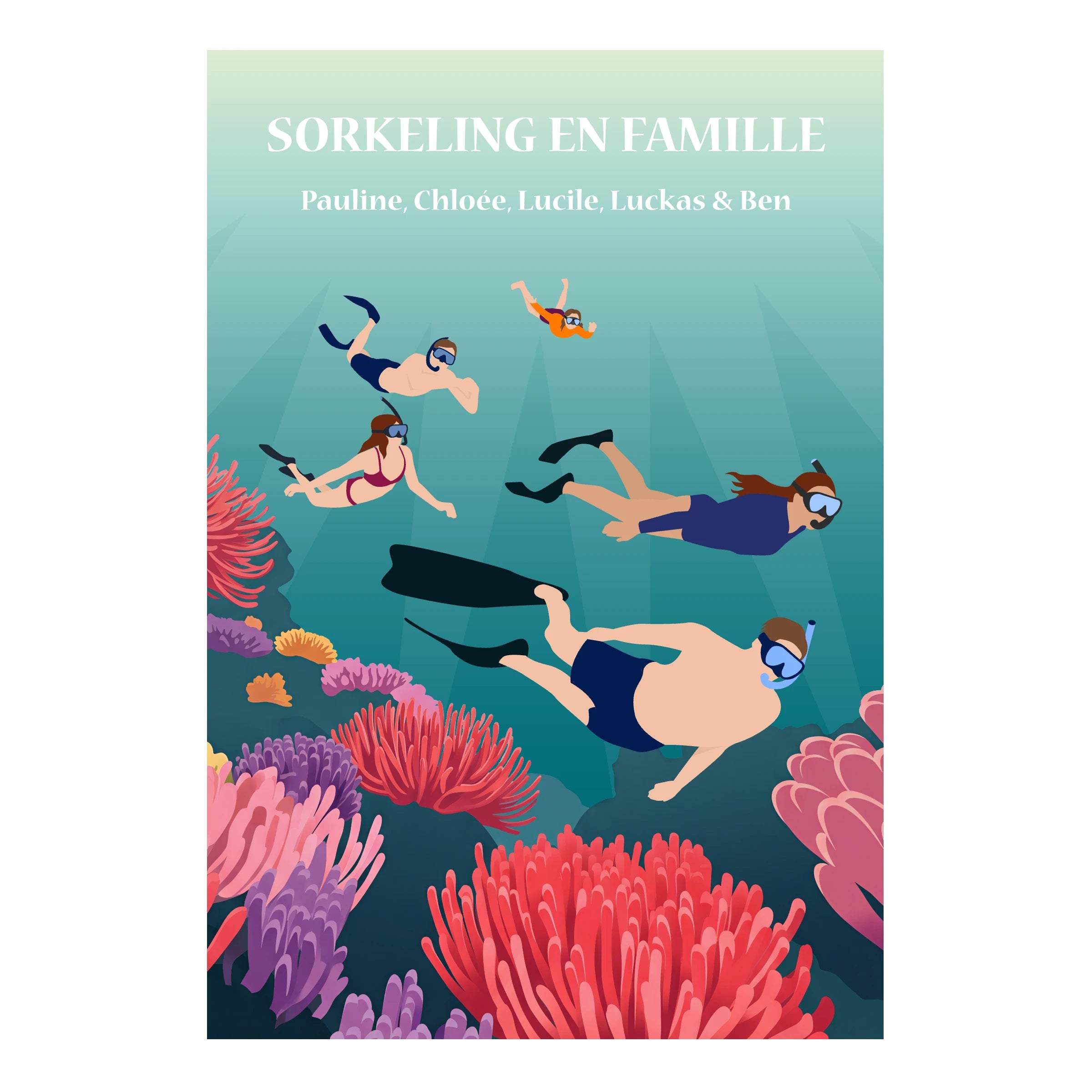 une famille qui nage sous l'eau avec palme, masque et tuba