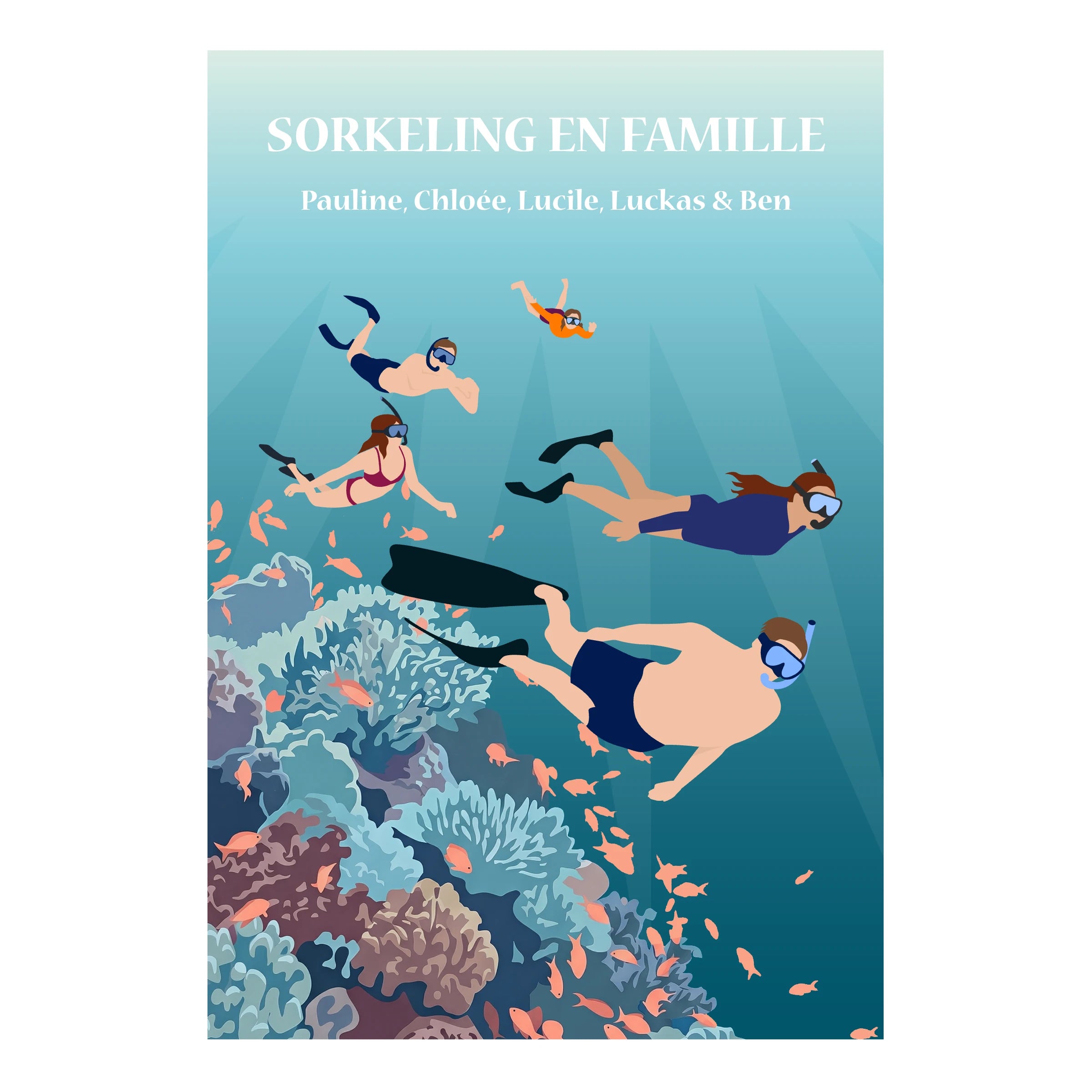 une famille qui nage sous l'eau avec palme, masque et tuba