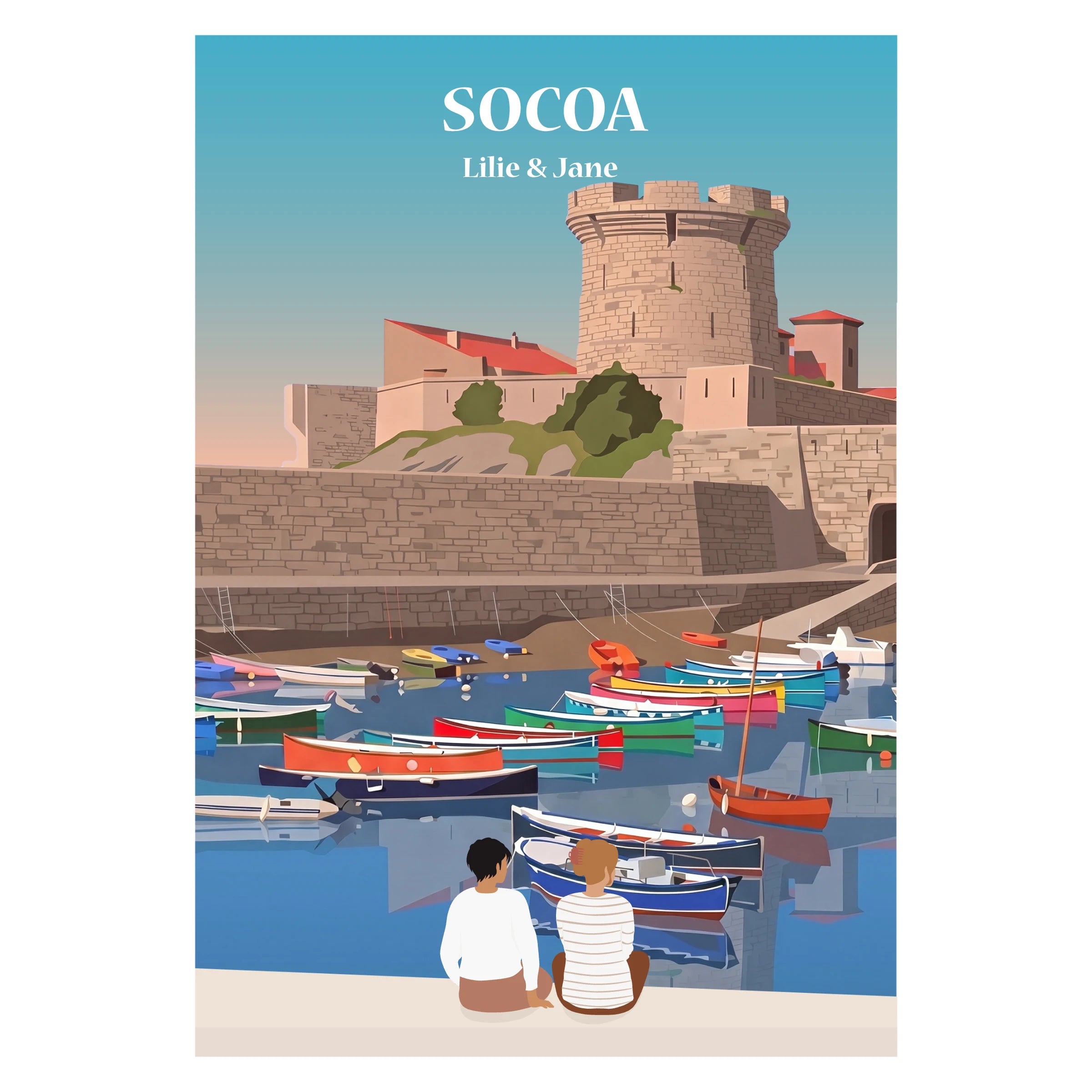 deux amies assisent sur un banc face au fort de socoa