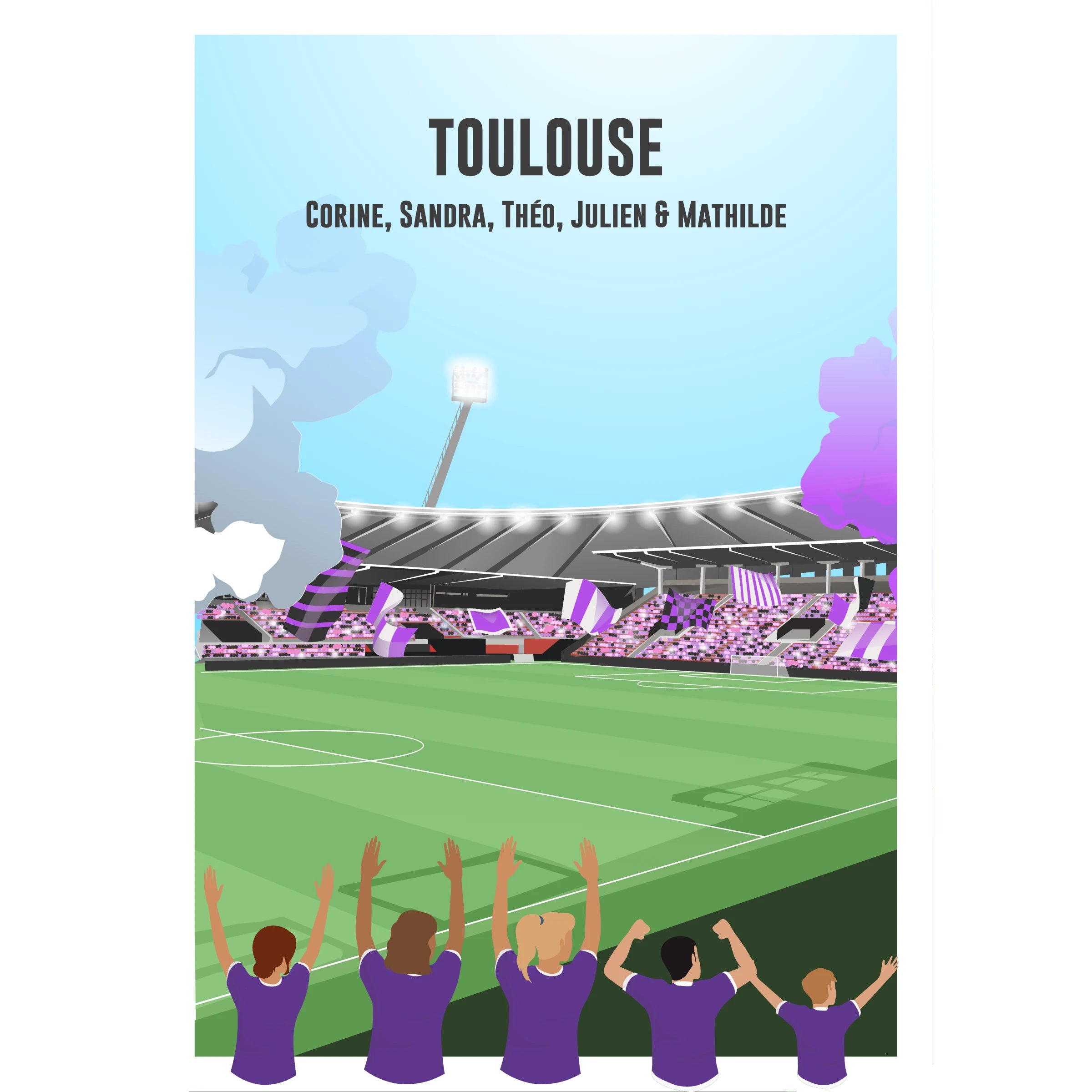 Affiche personnalisée d'une famille aux couleurs du club devant un match de foot de Toulouse