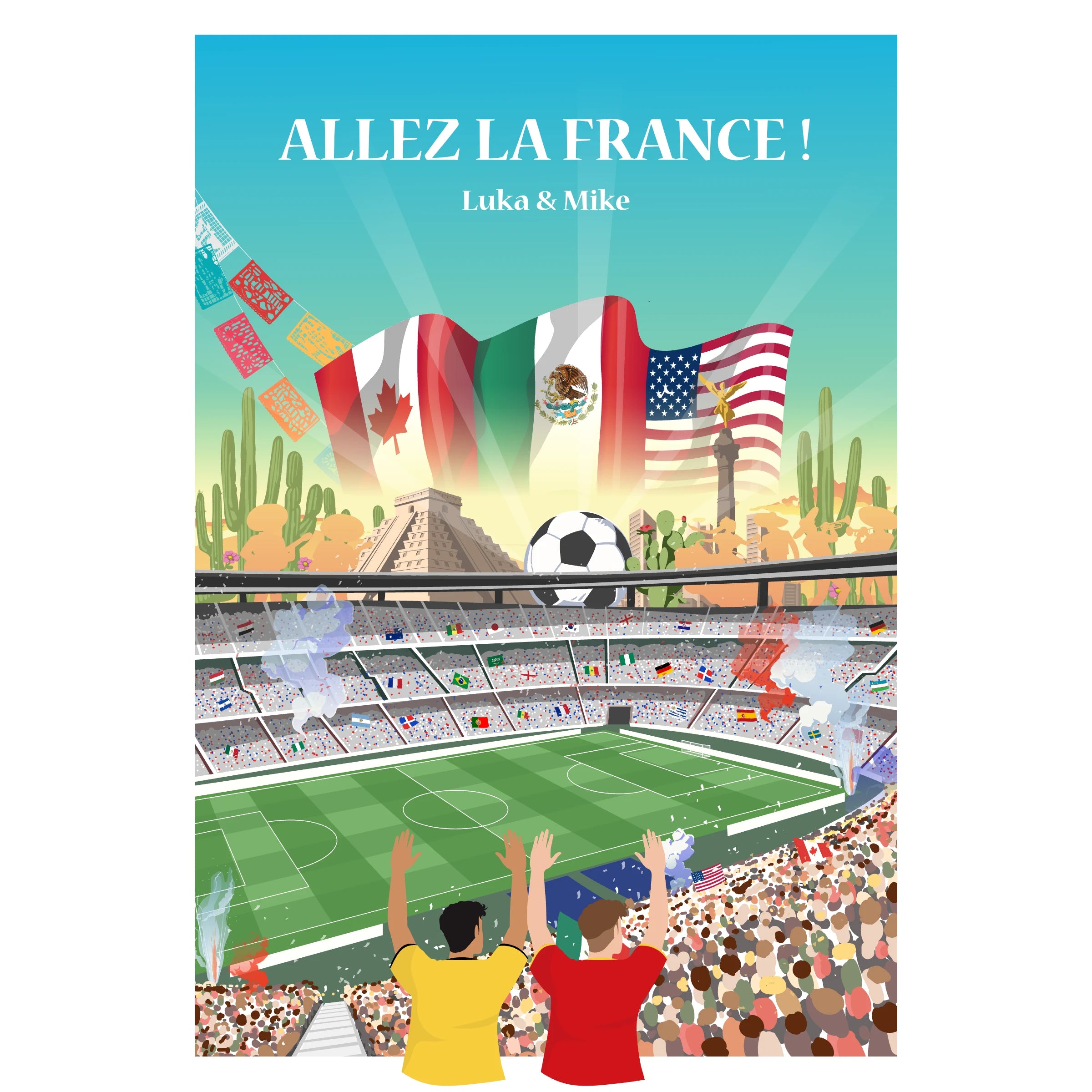 Affiche de stade de football devant une compétition internationale de 2026.