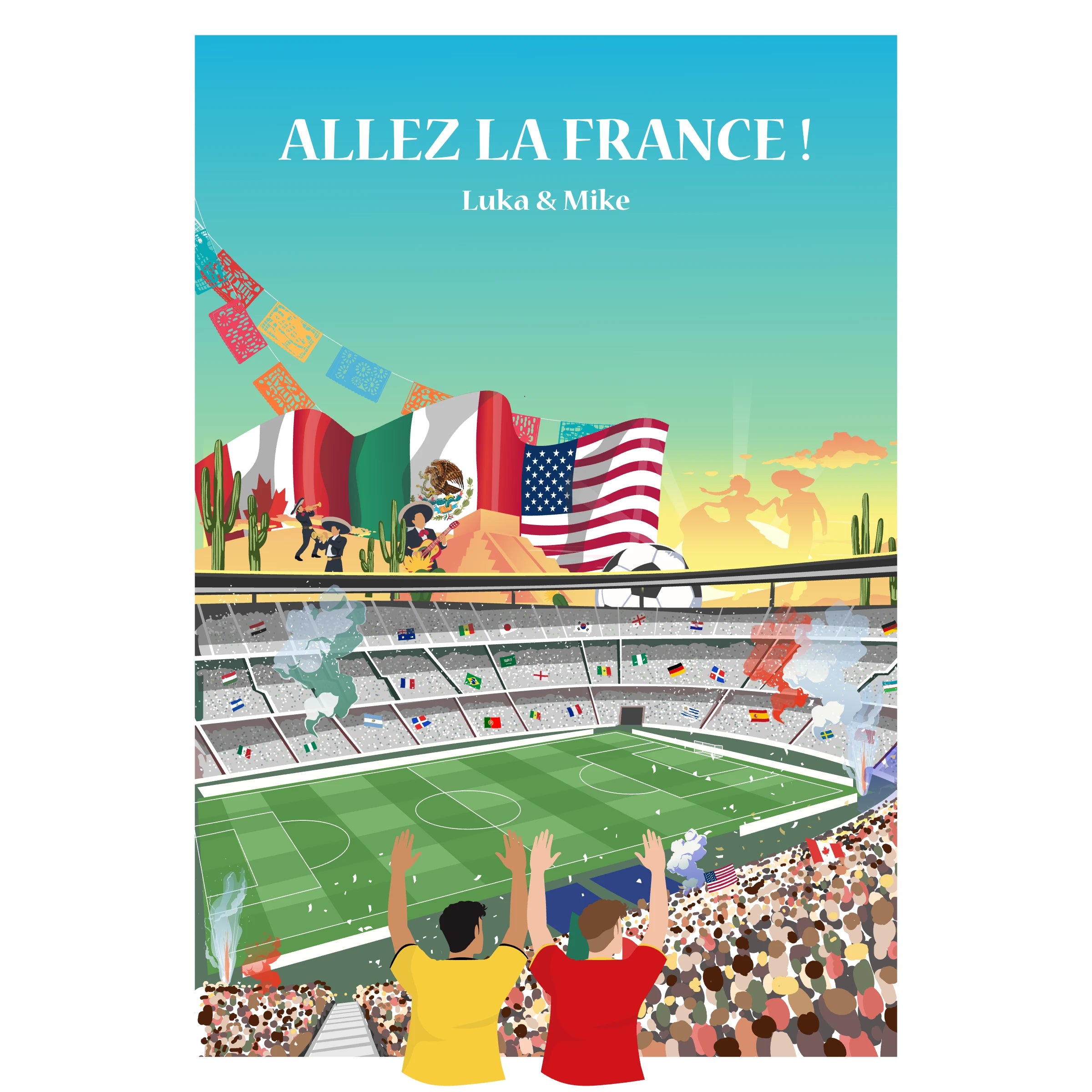 Affiche de stade de football devant une compétition internationale de 2026.