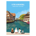 Affiche décorative personnalisée représentant une famille assise devant les maisons typiques de Strasbourg, au bord de la rivière.